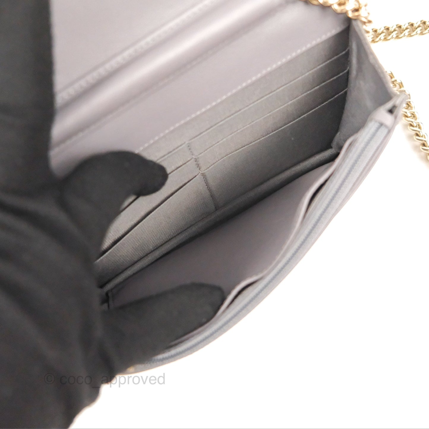 Chanel Quilted Boy Wallet on Chain WOC Grey Caviar Gold Hardware