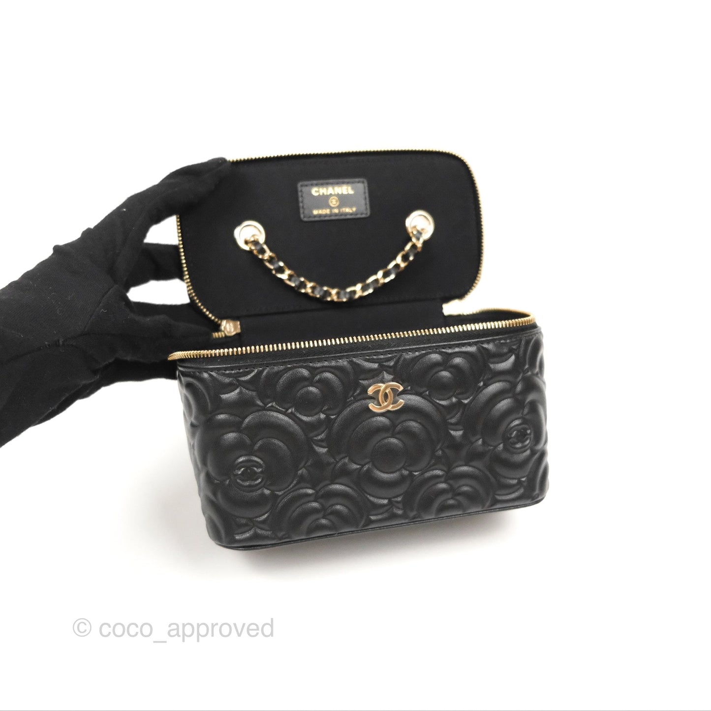 Chanel Vanity Rectangular Camellia Embossed Black Calfskin Gold Hardware