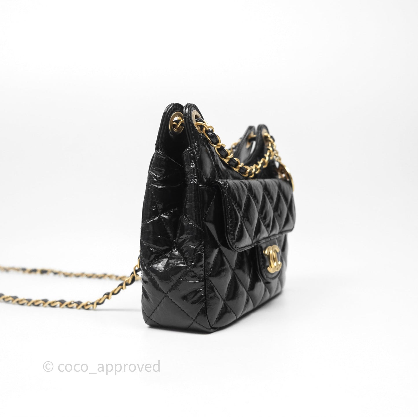 Chanel Small Wavy CC Hobo Black Shiny Crumpled Calfskin Aged Gold Hardware