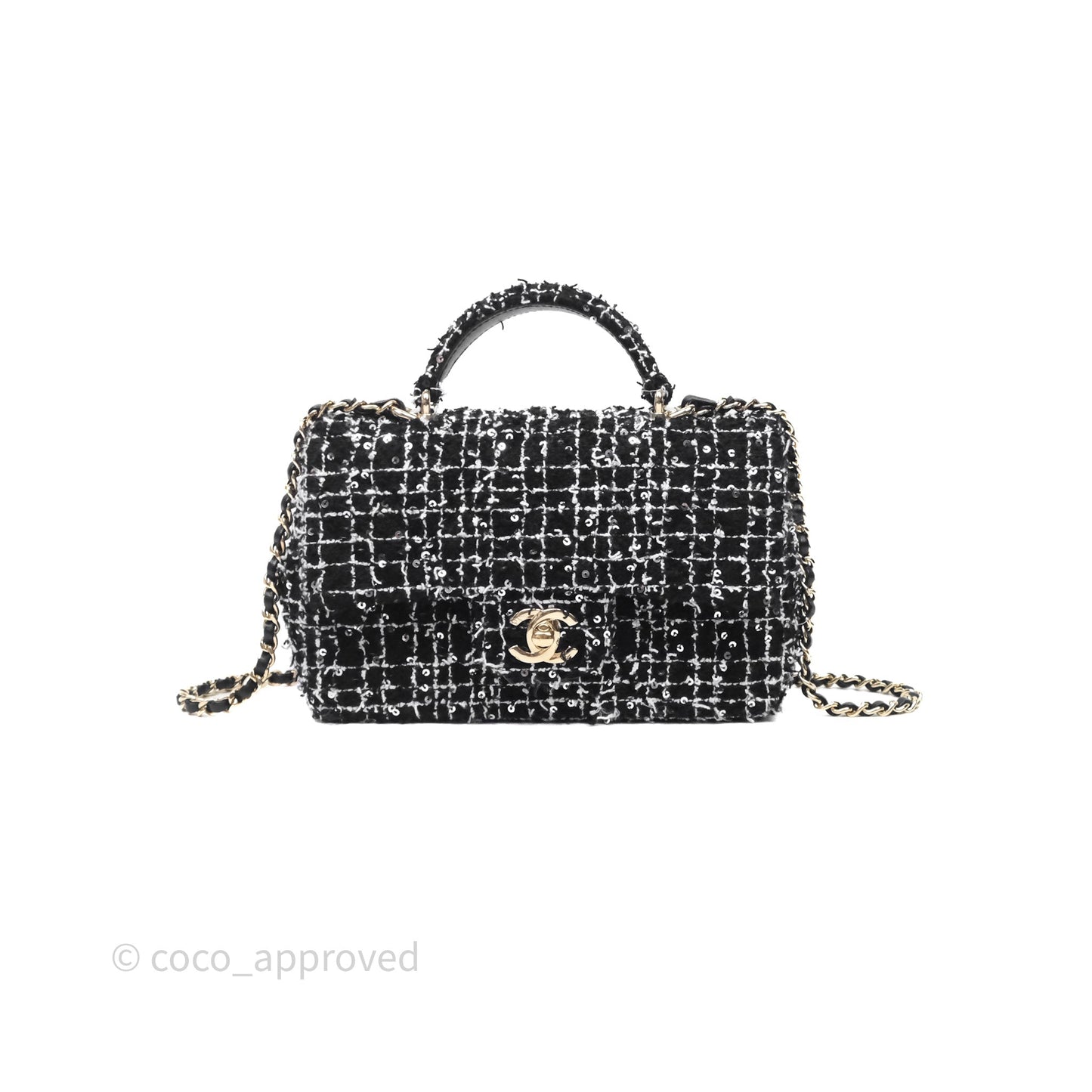 Chanel Top Handle Mini Rectangular Flap Black/ White Sequin Tweed Gold Hardware