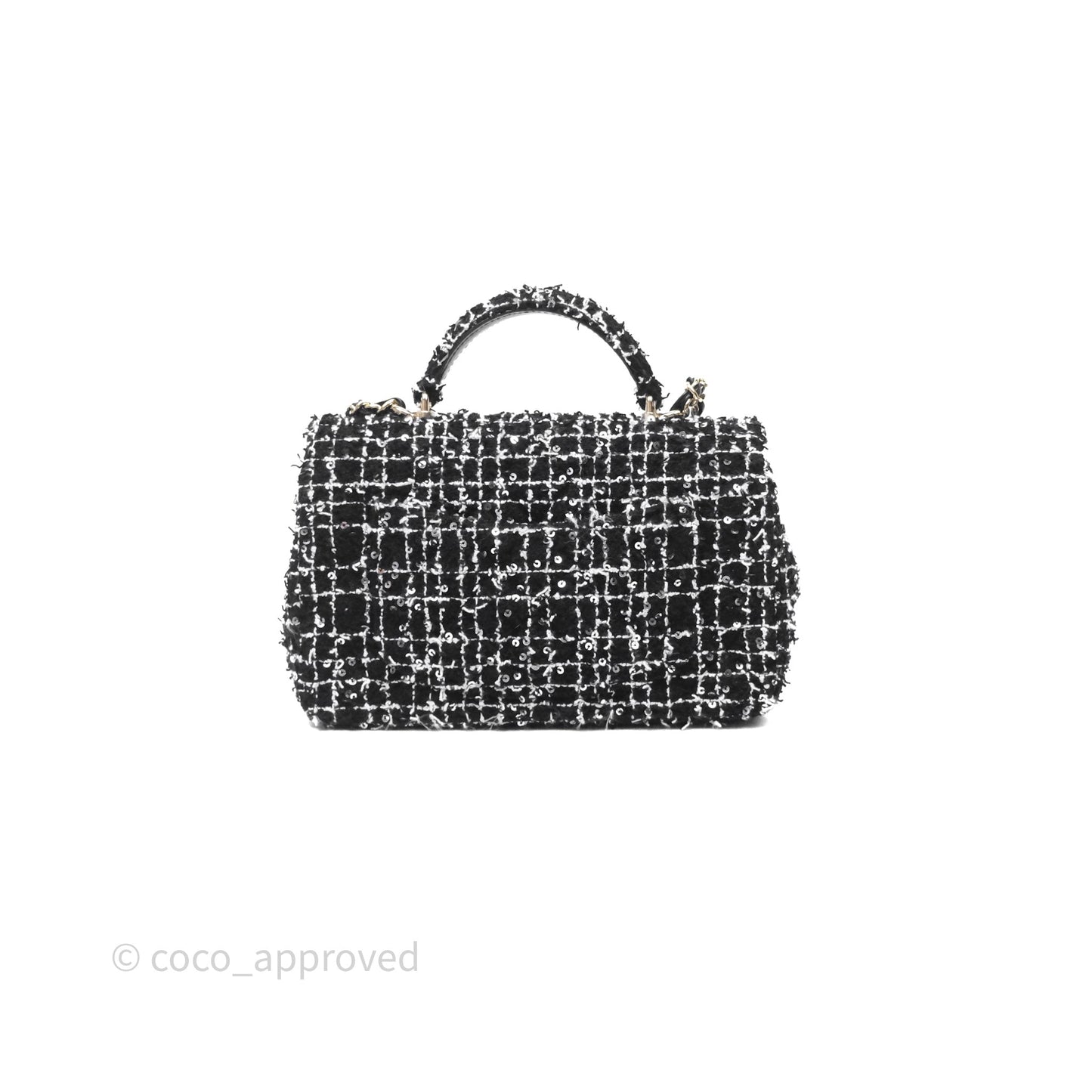 Chanel Top Handle Mini Rectangular Flap Black/ White Sequin Tweed Gold Hardware