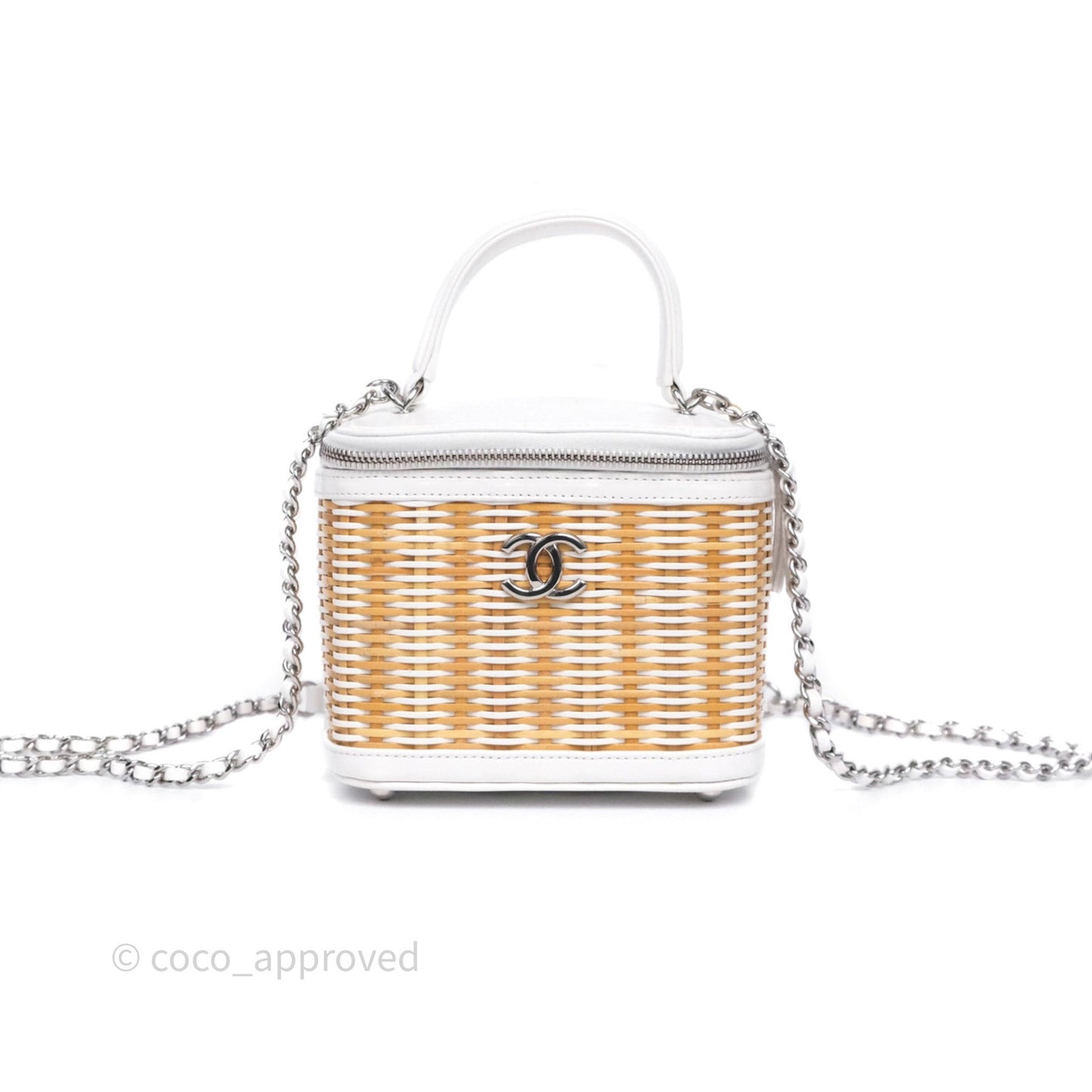 Chanel Small Top Handle Vanity Case White Beige Calfskin Raffia Silver Hardware