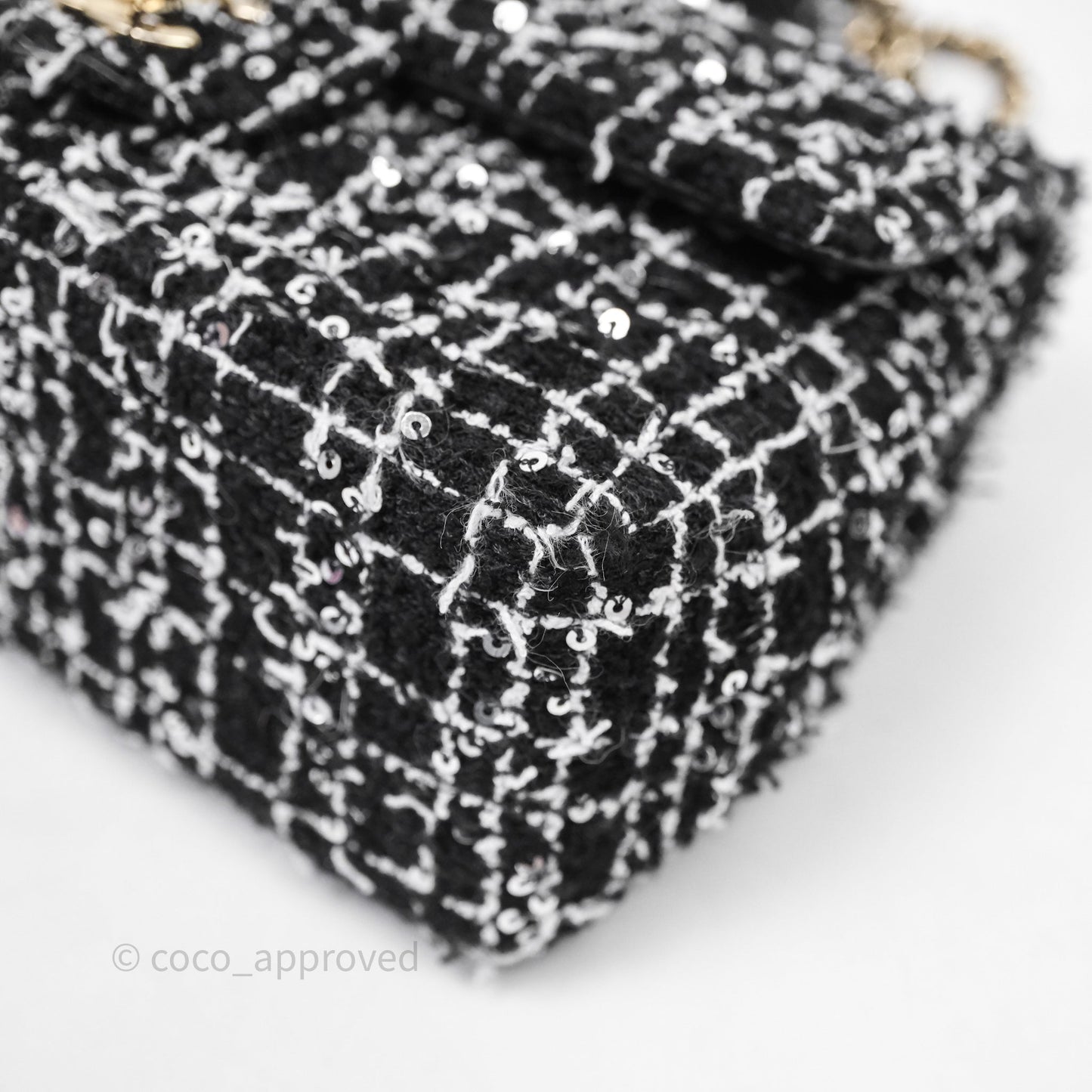 Chanel Top Handle Mini Rectangular Flap Black/ White Sequin Tweed Gold Hardware