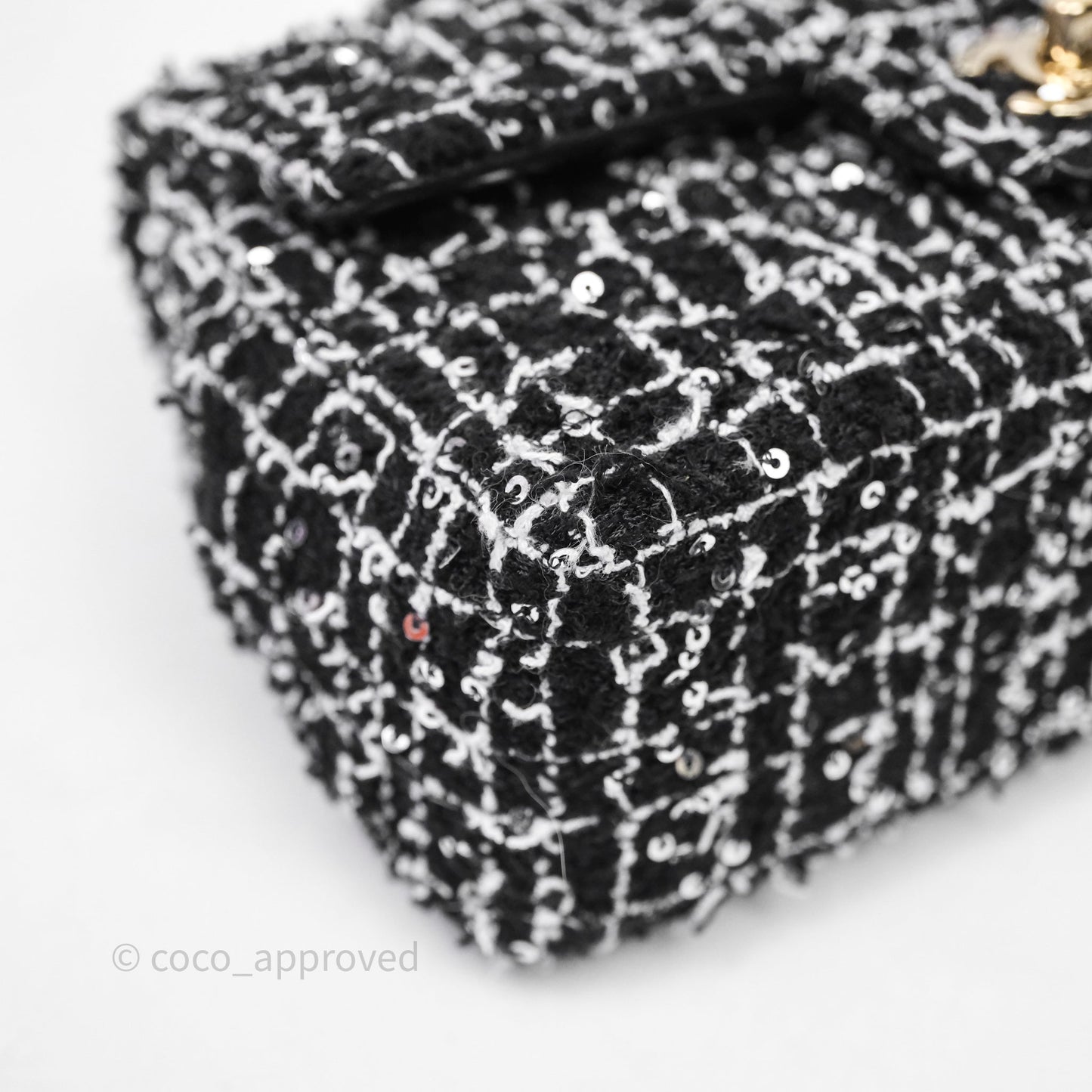 Chanel Top Handle Mini Rectangular Flap Black/ White Sequin Tweed Gold Hardware