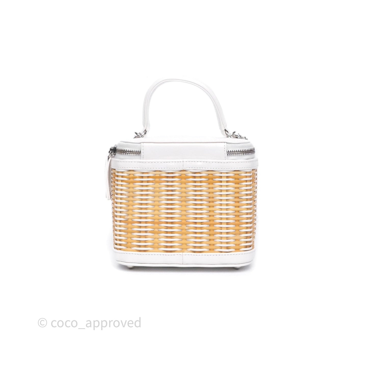 Chanel Small Top Handle Vanity Case White Beige Calfskin Raffia Silver Hardware