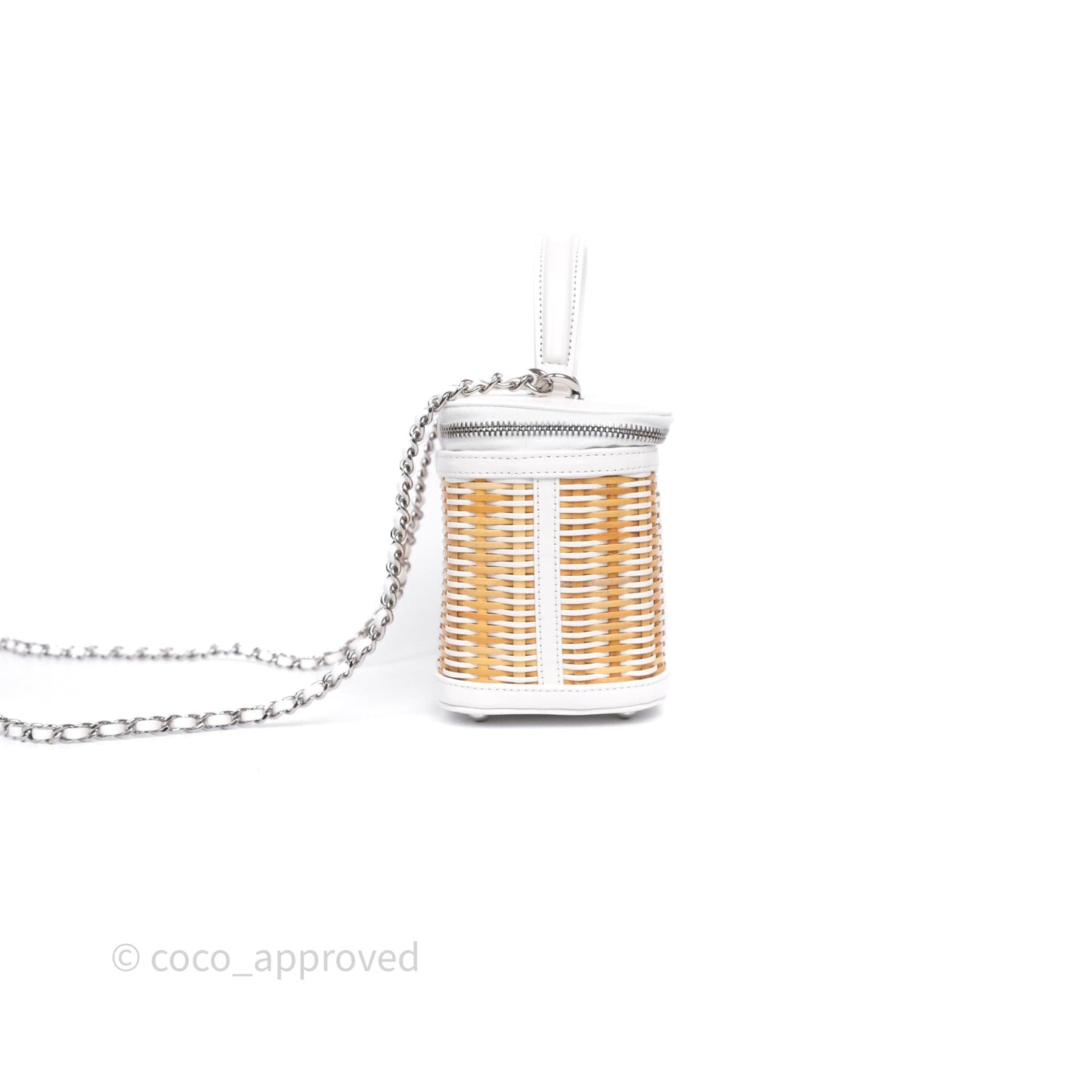 Chanel Small Top Handle Vanity Case White Beige Calfskin Raffia Silver Hardware