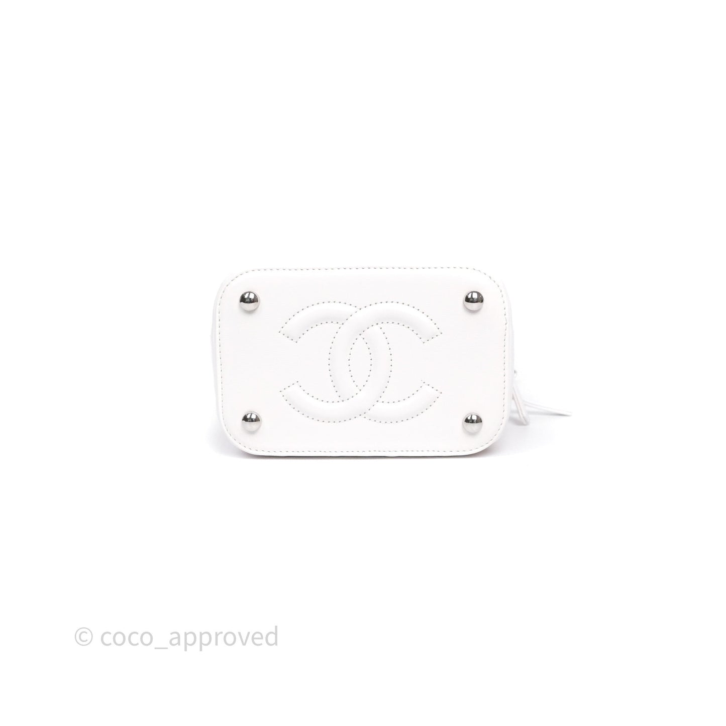 Chanel Small Top Handle Vanity Case White Beige Calfskin Raffia Silver Hardware