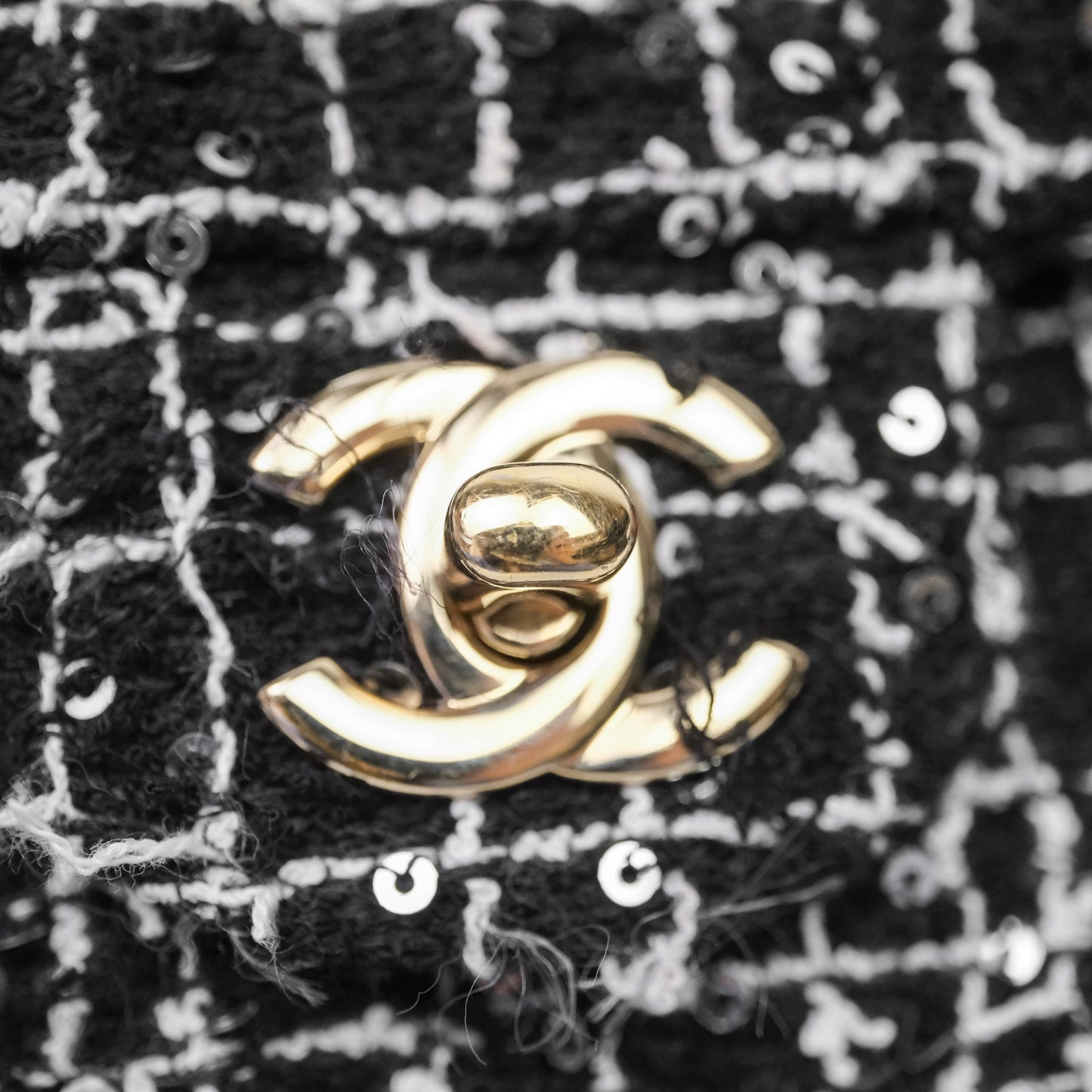 Chanel Top Handle Mini Rectangular Flap Black/ White Sequin Tweed Gold Hardware