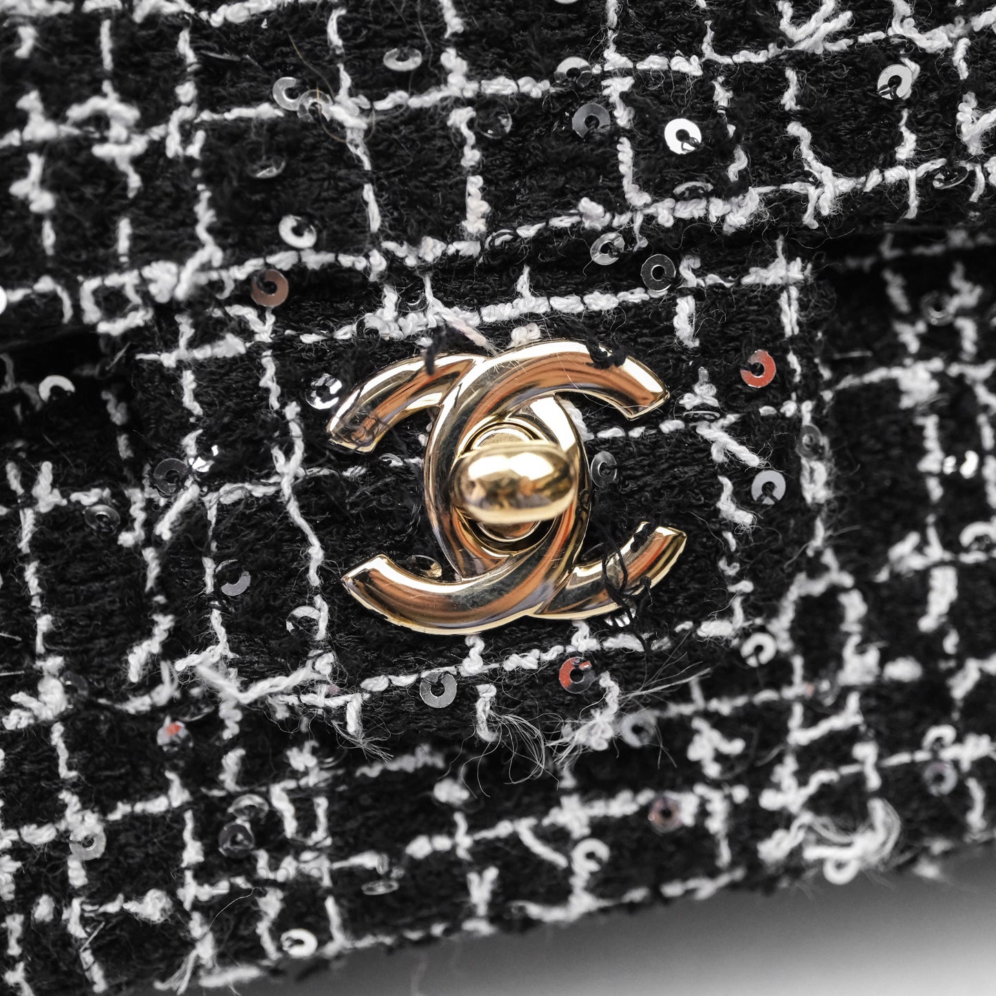 Chanel Top Handle Mini Rectangular Flap Black/ White Sequin Tweed Gold Hardware