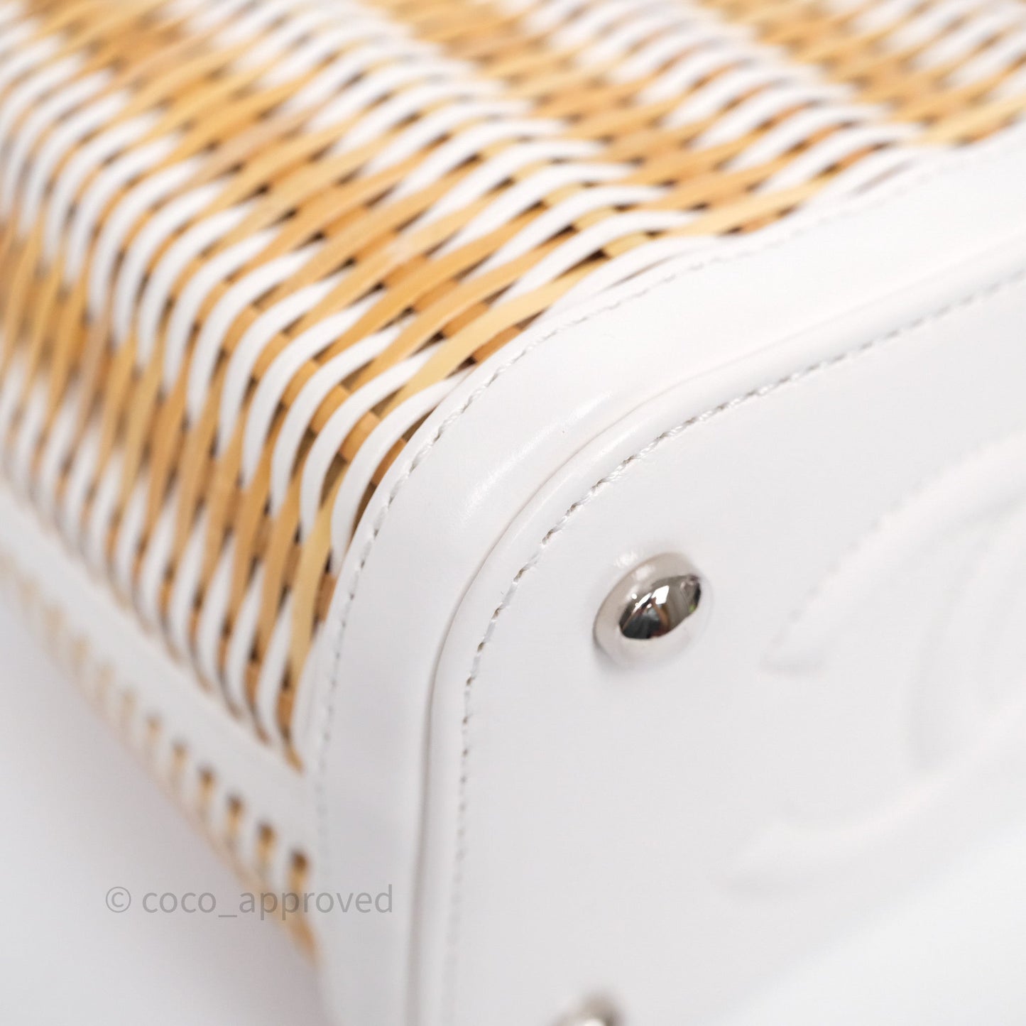 Chanel Small Top Handle Vanity Case White Beige Calfskin Raffia Silver Hardware