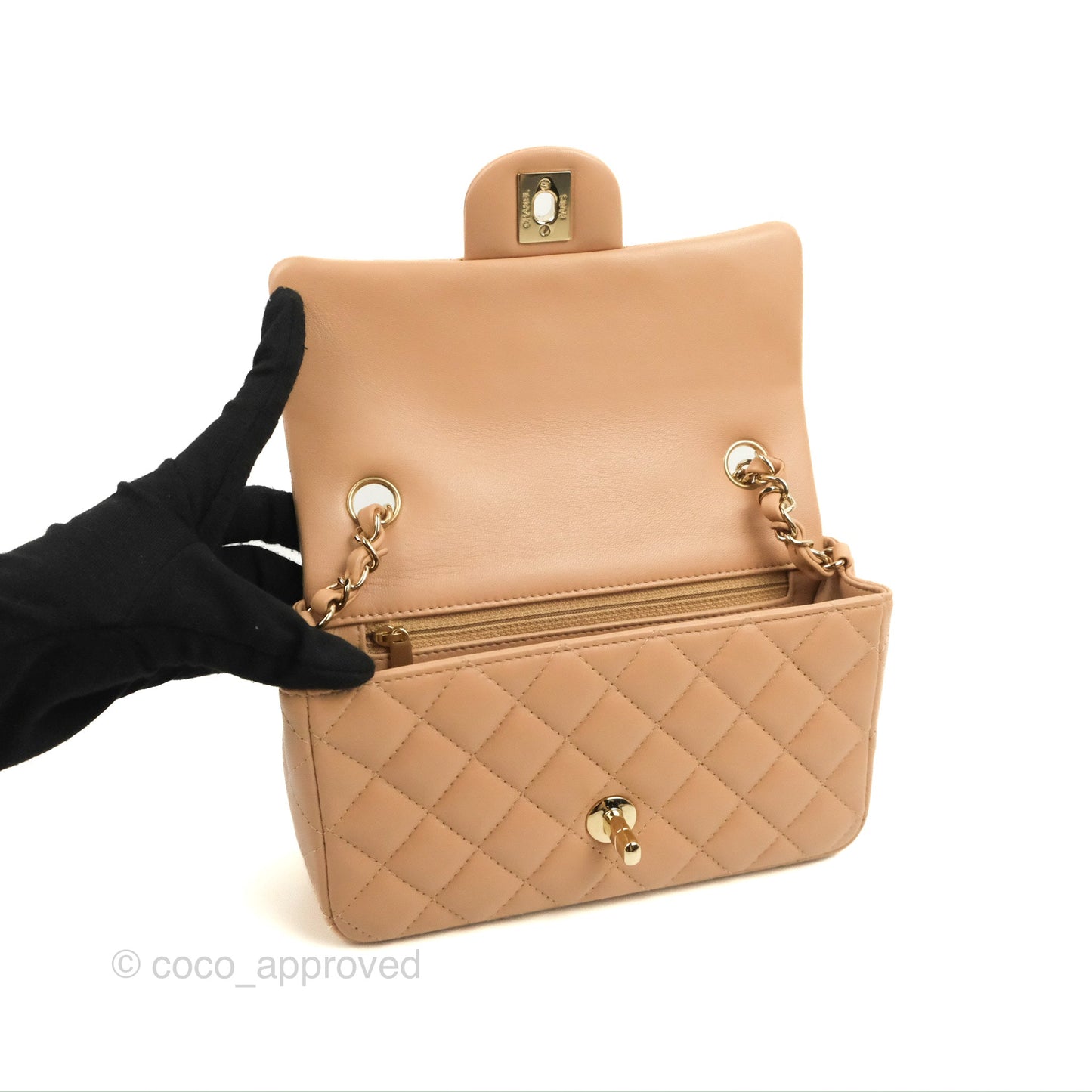 Chanel Quilted Mini Rectangular Flap Beige Lambskin Gold Hardware