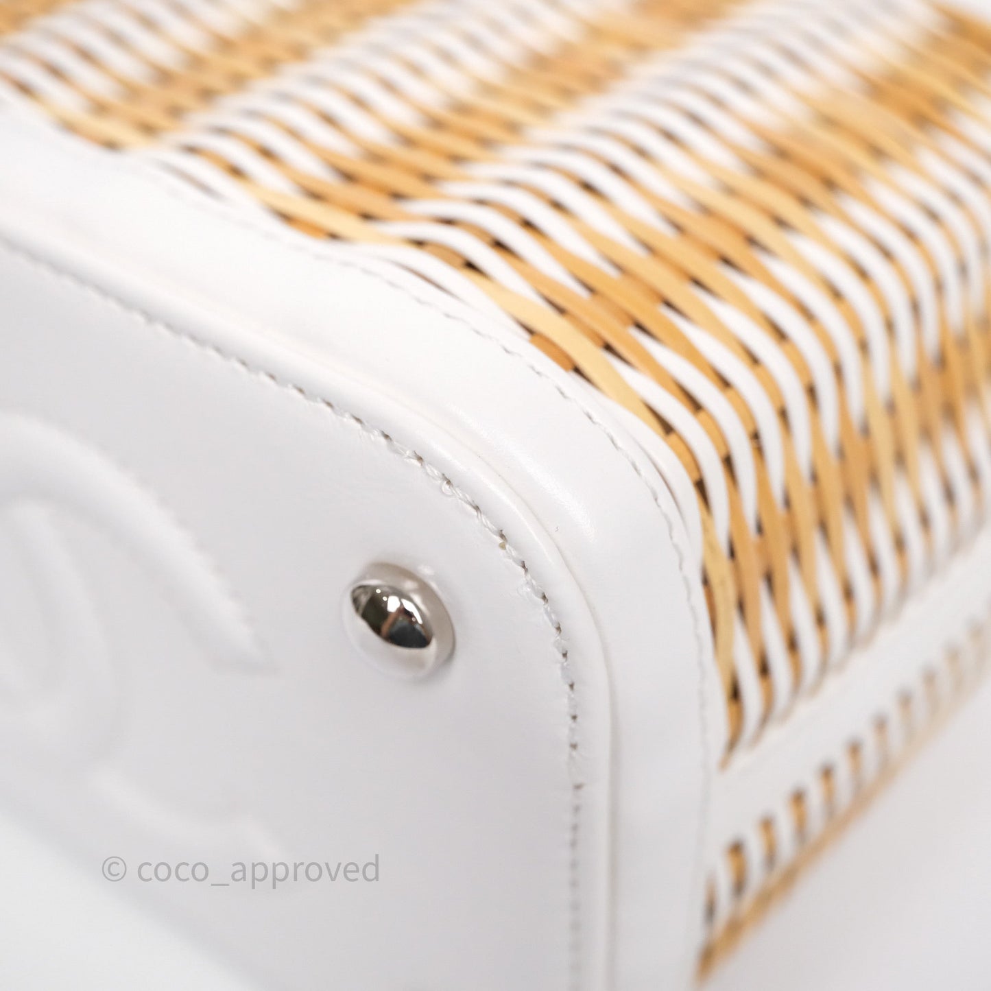 Chanel Small Top Handle Vanity Case White Beige Calfskin Raffia Silver Hardware