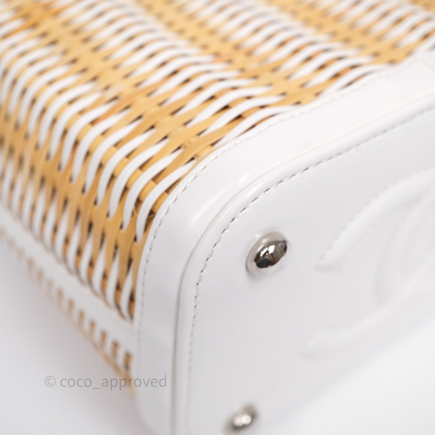 Chanel Small Top Handle Vanity Case White Beige Calfskin Raffia Silver Hardware