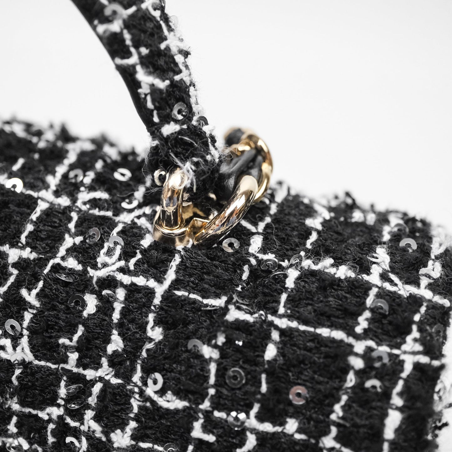 Chanel Top Handle Mini Rectangular Flap Black/ White Sequin Tweed Gold Hardware
