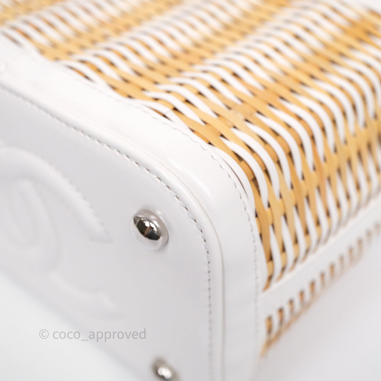 Chanel Small Top Handle Vanity Case White Beige Calfskin Raffia Silver Hardware