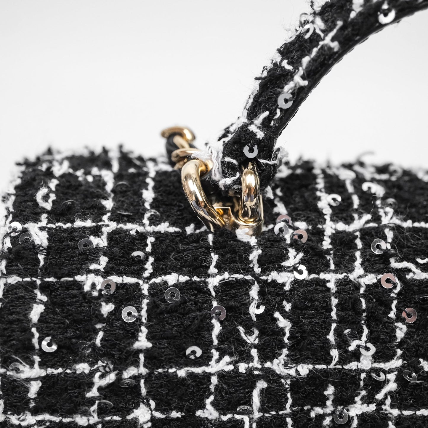 Chanel Top Handle Mini Rectangular Flap Black/ White Sequin Tweed Gold Hardware