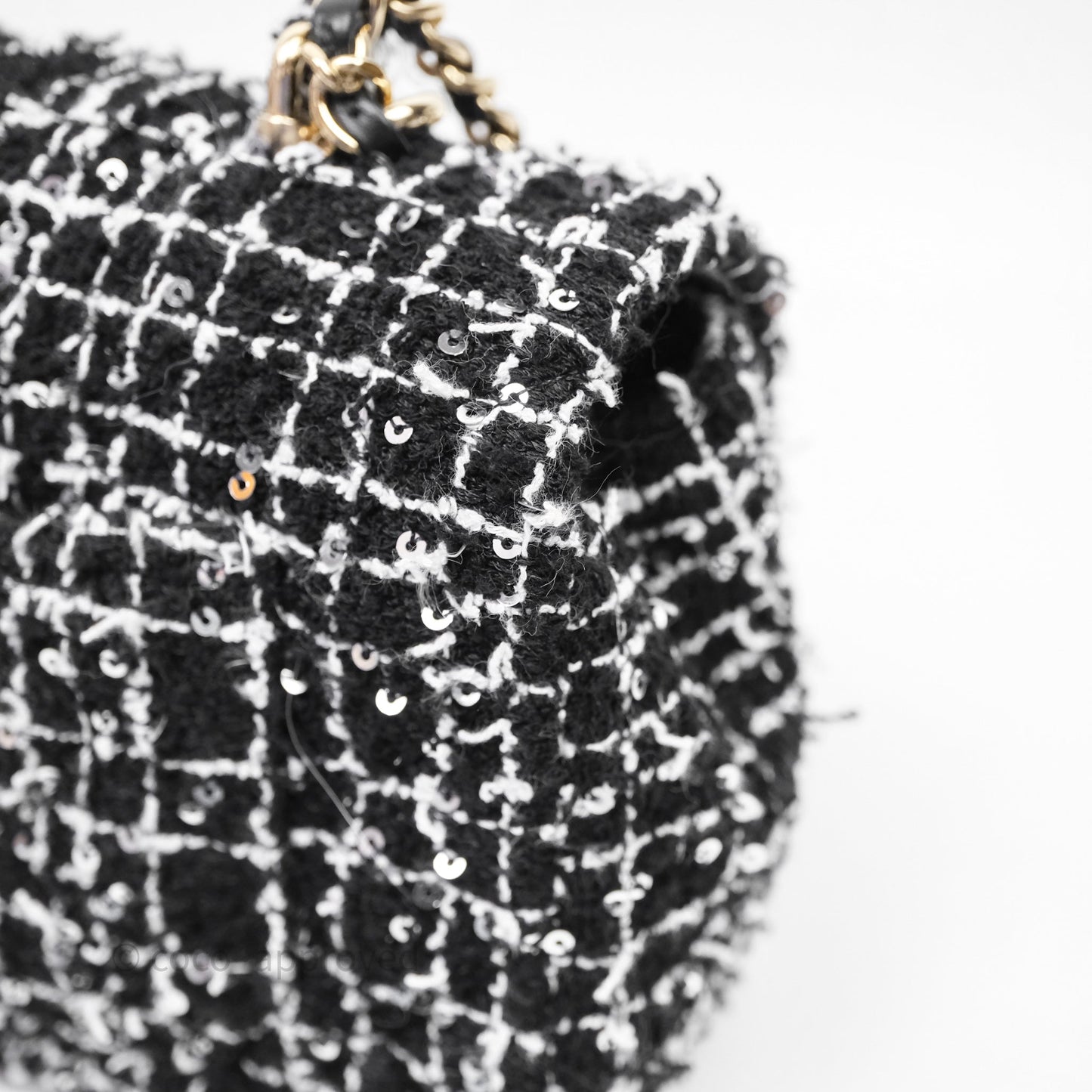Chanel Top Handle Mini Rectangular Flap Black/ White Sequin Tweed Gold Hardware