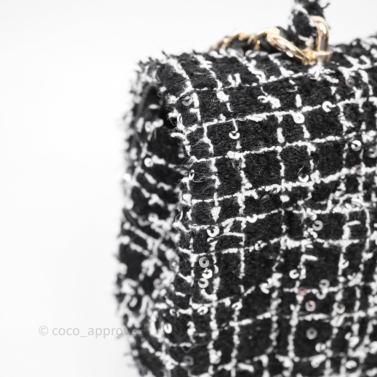 Chanel Top Handle Mini Rectangular Flap Black/ White Sequin Tweed Gold Hardware