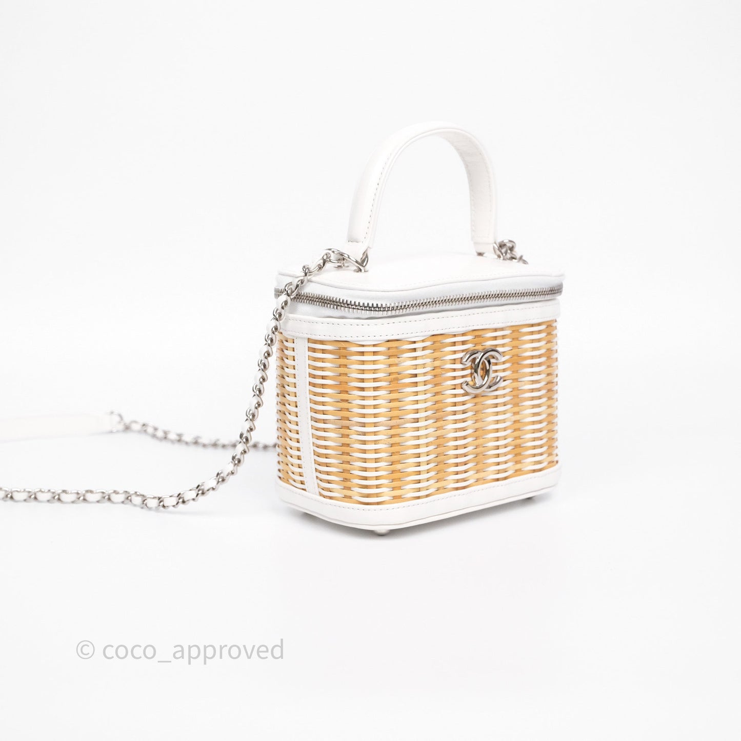 Chanel Small Top Handle Vanity Case White Beige Calfskin Raffia Silver Hardware