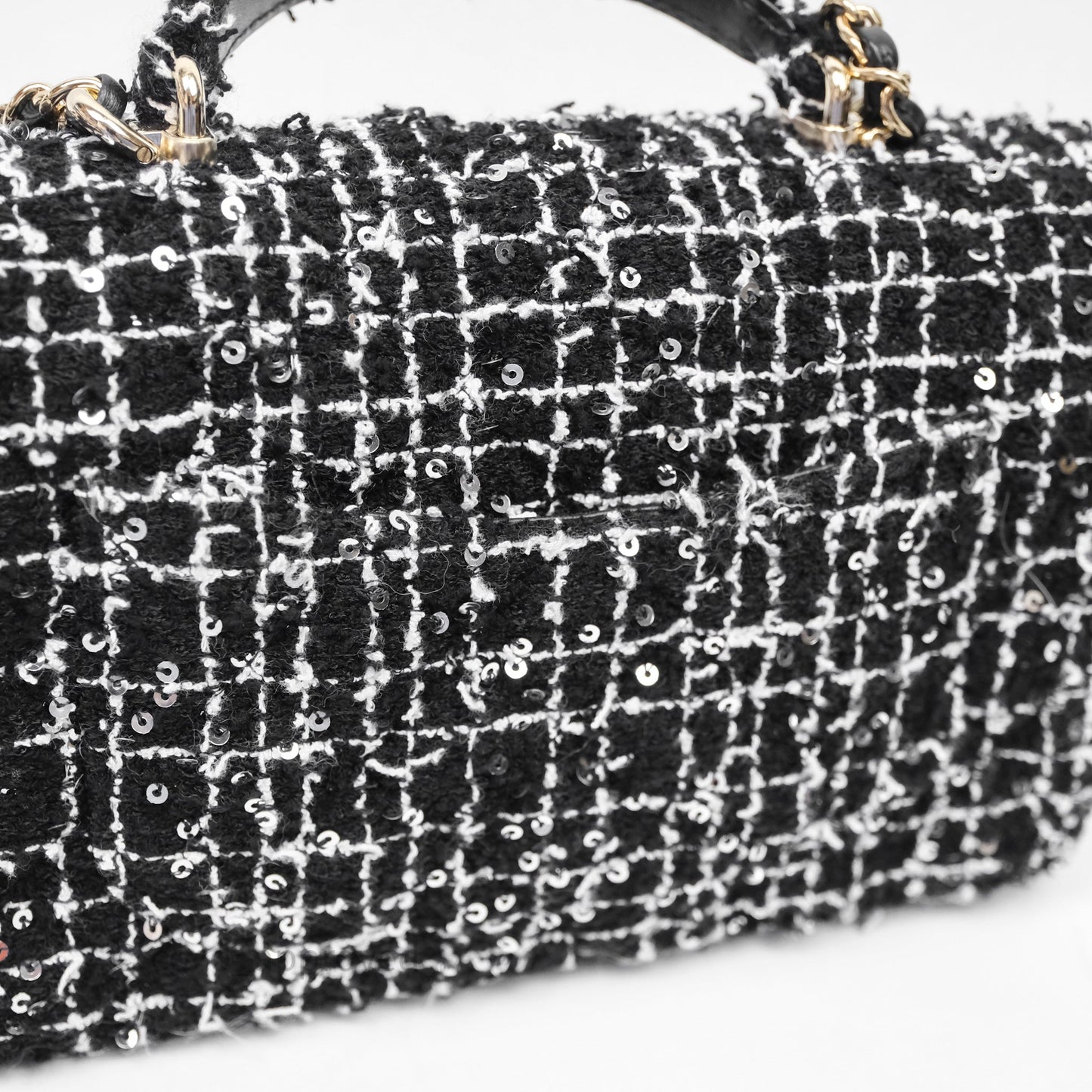 Chanel Top Handle Mini Rectangular Flap Black/ White Sequin Tweed Gold Hardware