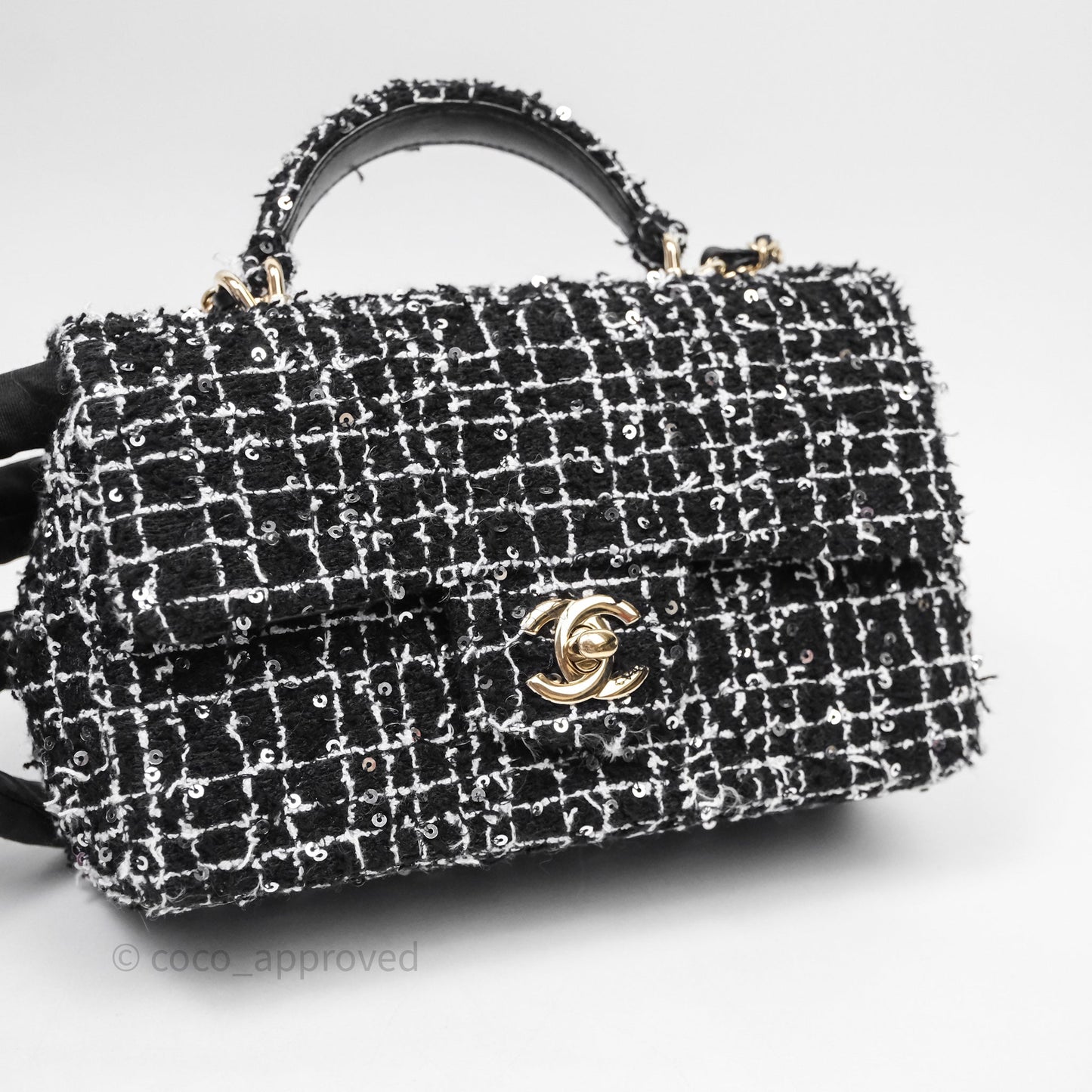 Chanel Top Handle Mini Rectangular Flap Black/ White Sequin Tweed Gold Hardware