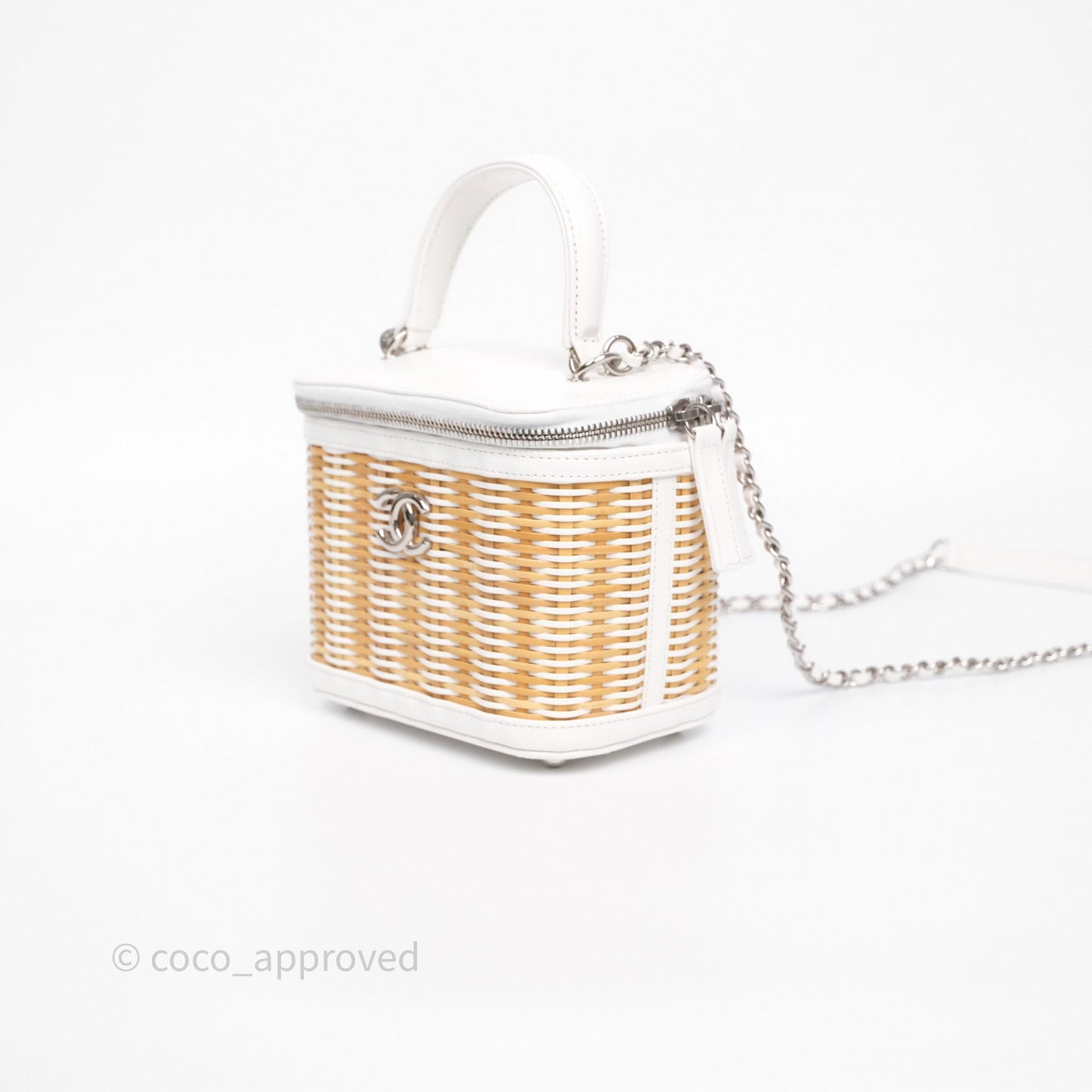 Chanel Small Top Handle Vanity Case White Beige Calfskin Raffia Silver Hardware
