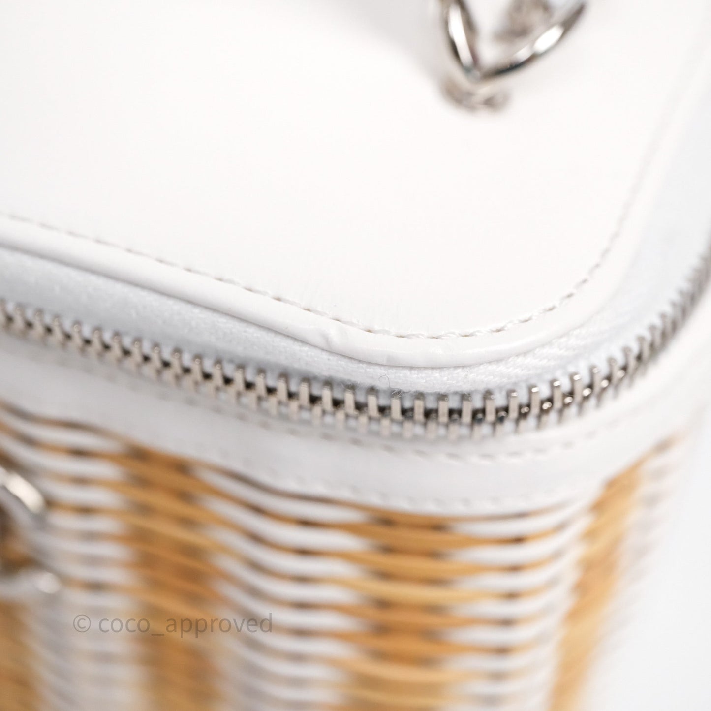Chanel Small Top Handle Vanity Case White Beige Calfskin Raffia Silver Hardware