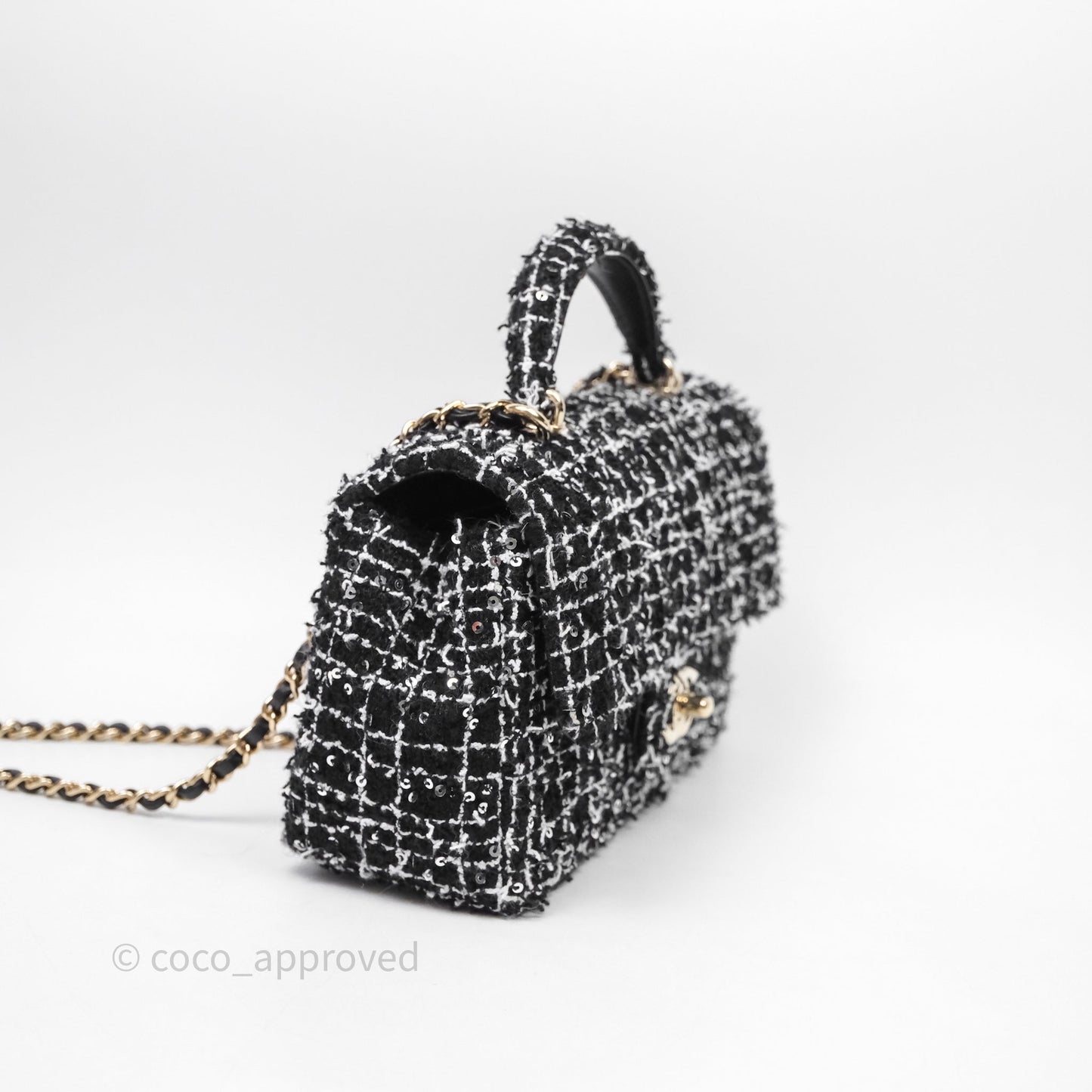 Chanel Top Handle Mini Rectangular Flap Black/ White Sequin Tweed Gold Hardware