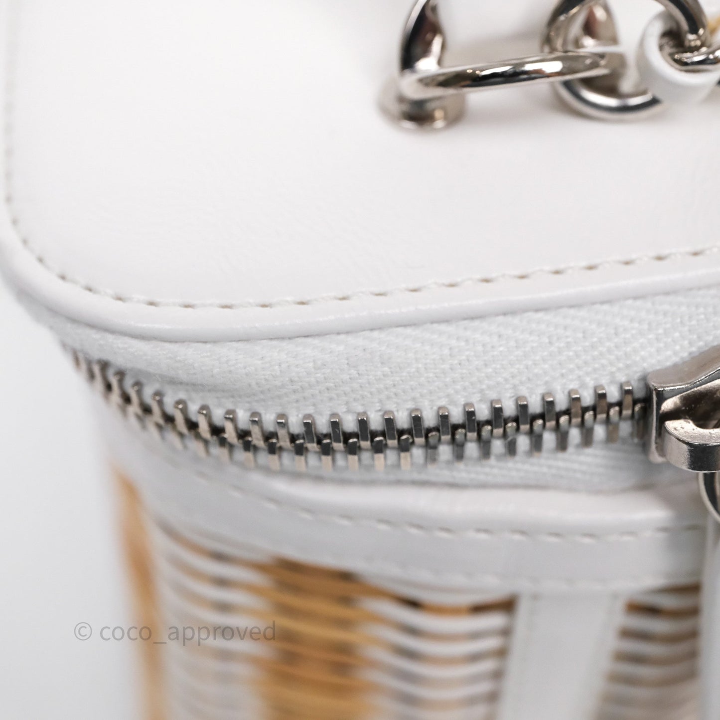 Chanel Small Top Handle Vanity Case White Beige Calfskin Raffia Silver Hardware