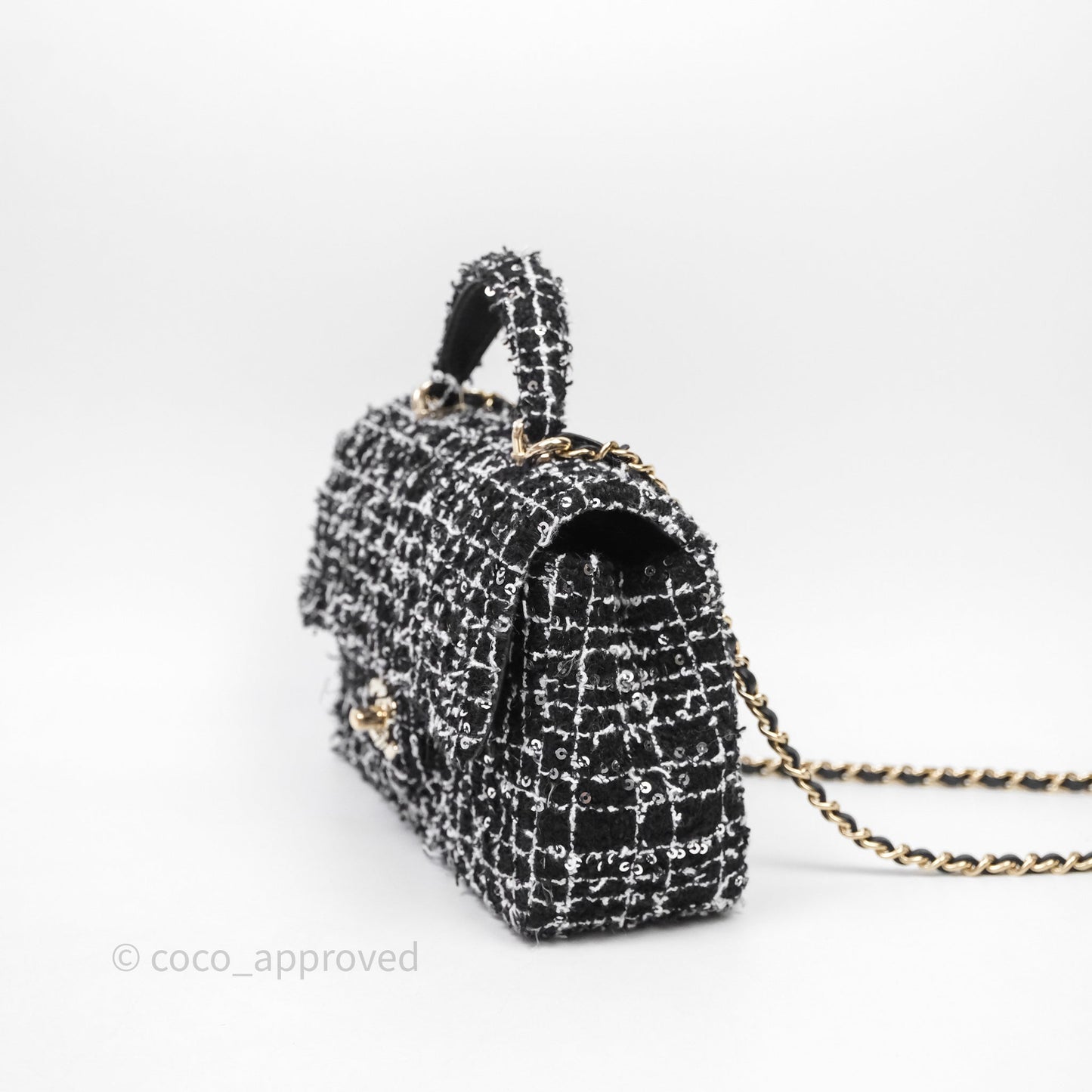 Chanel Top Handle Mini Rectangular Flap Black/ White Sequin Tweed Gold Hardware