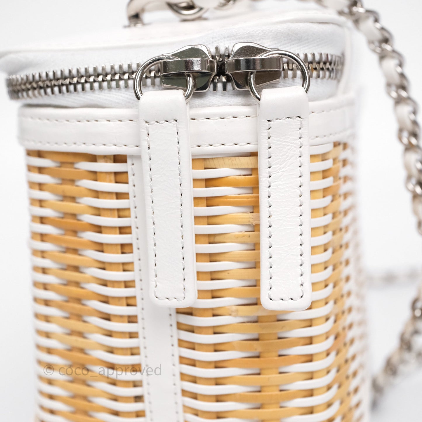 Chanel Small Top Handle Vanity Case White Beige Calfskin Raffia Silver Hardware