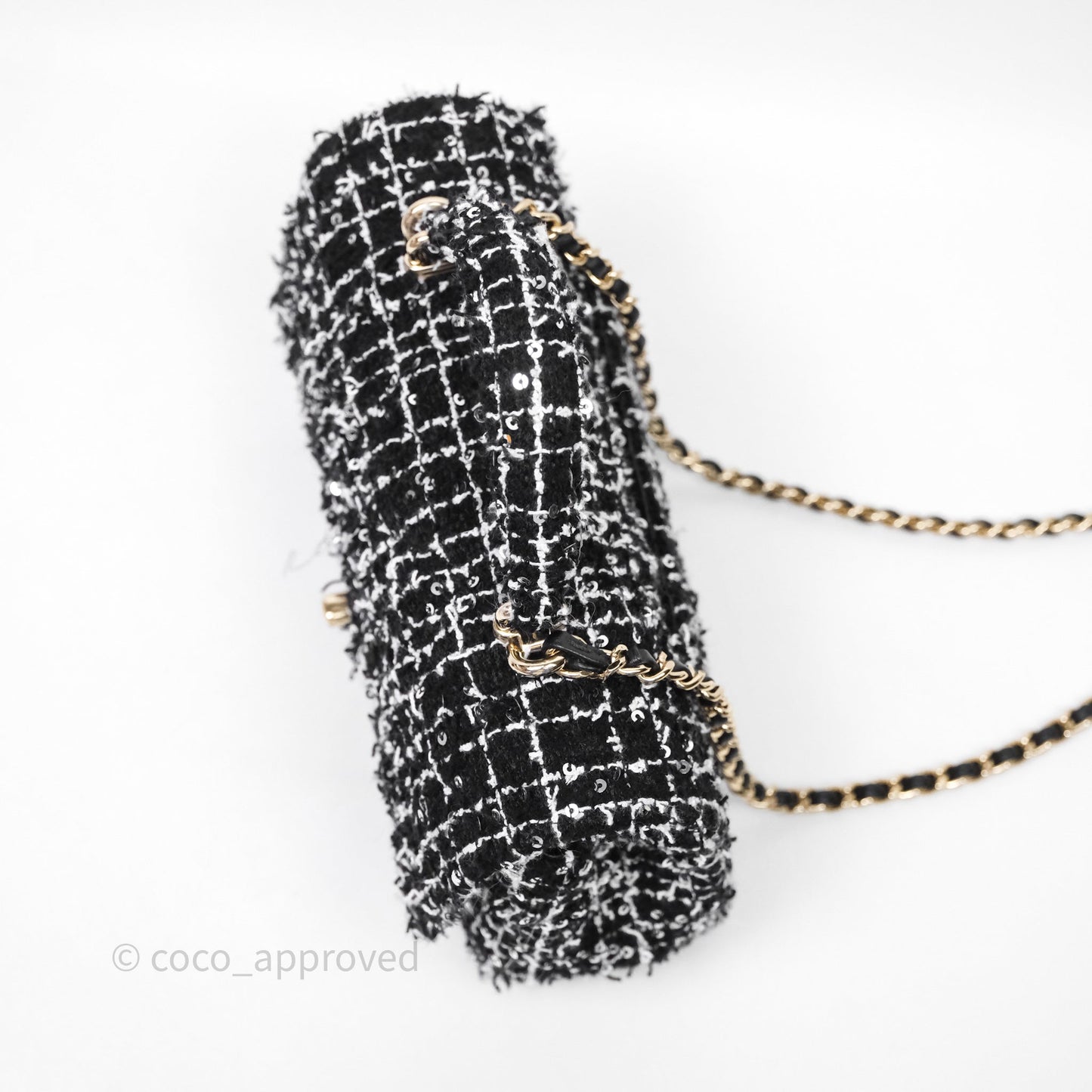 Chanel Top Handle Mini Rectangular Flap Black/ White Sequin Tweed Gold Hardware