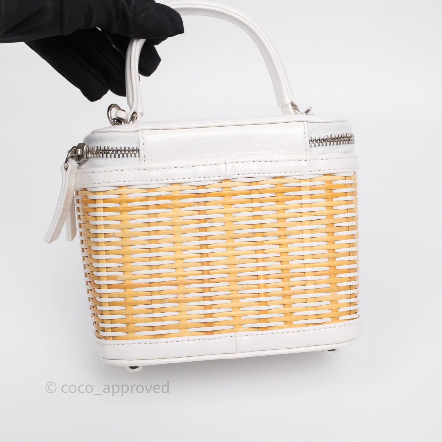 Chanel Small Top Handle Vanity Case White Beige Calfskin Raffia Silver Hardware