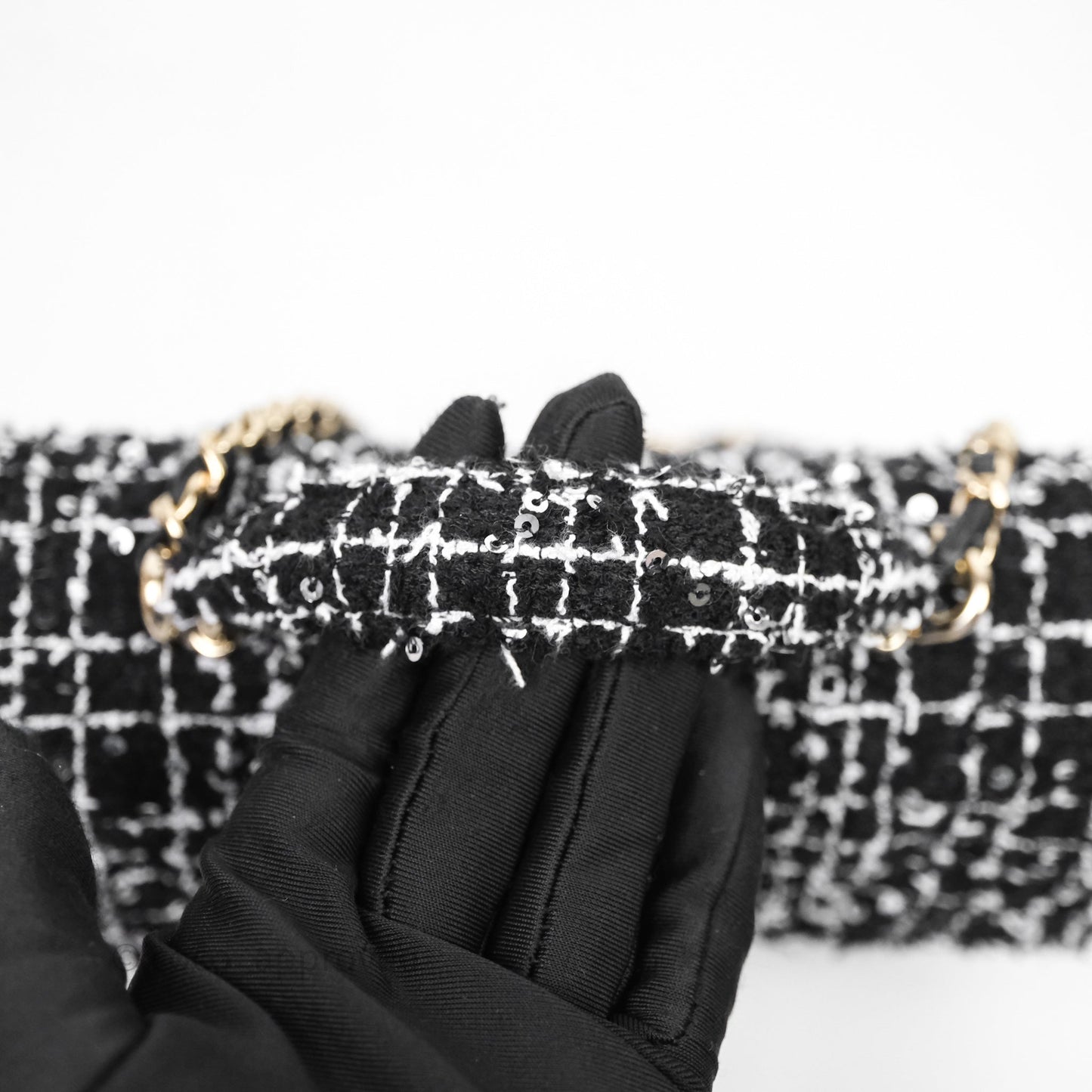 Chanel Top Handle Mini Rectangular Flap Black/ White Sequin Tweed Gold Hardware
