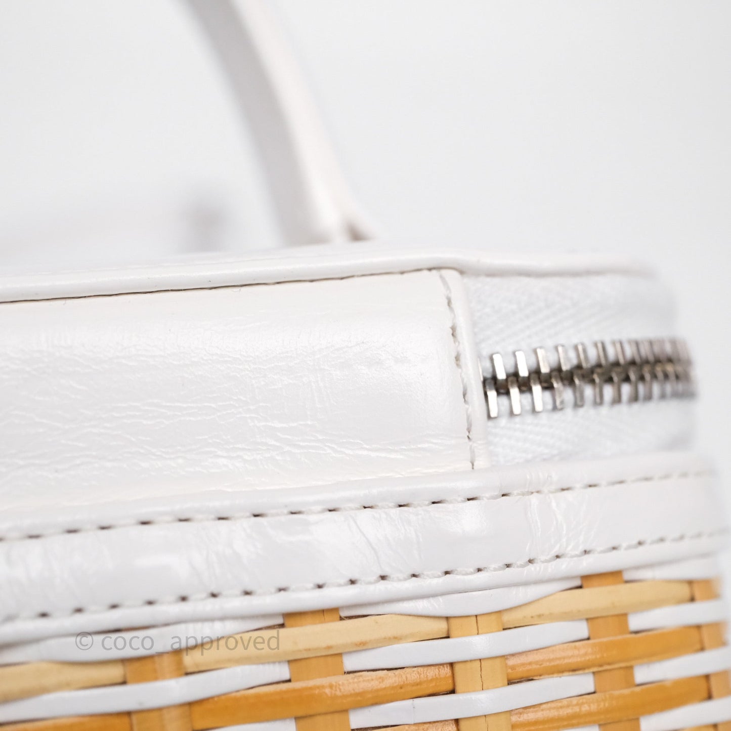 Chanel Small Top Handle Vanity Case White Beige Calfskin Raffia Silver Hardware