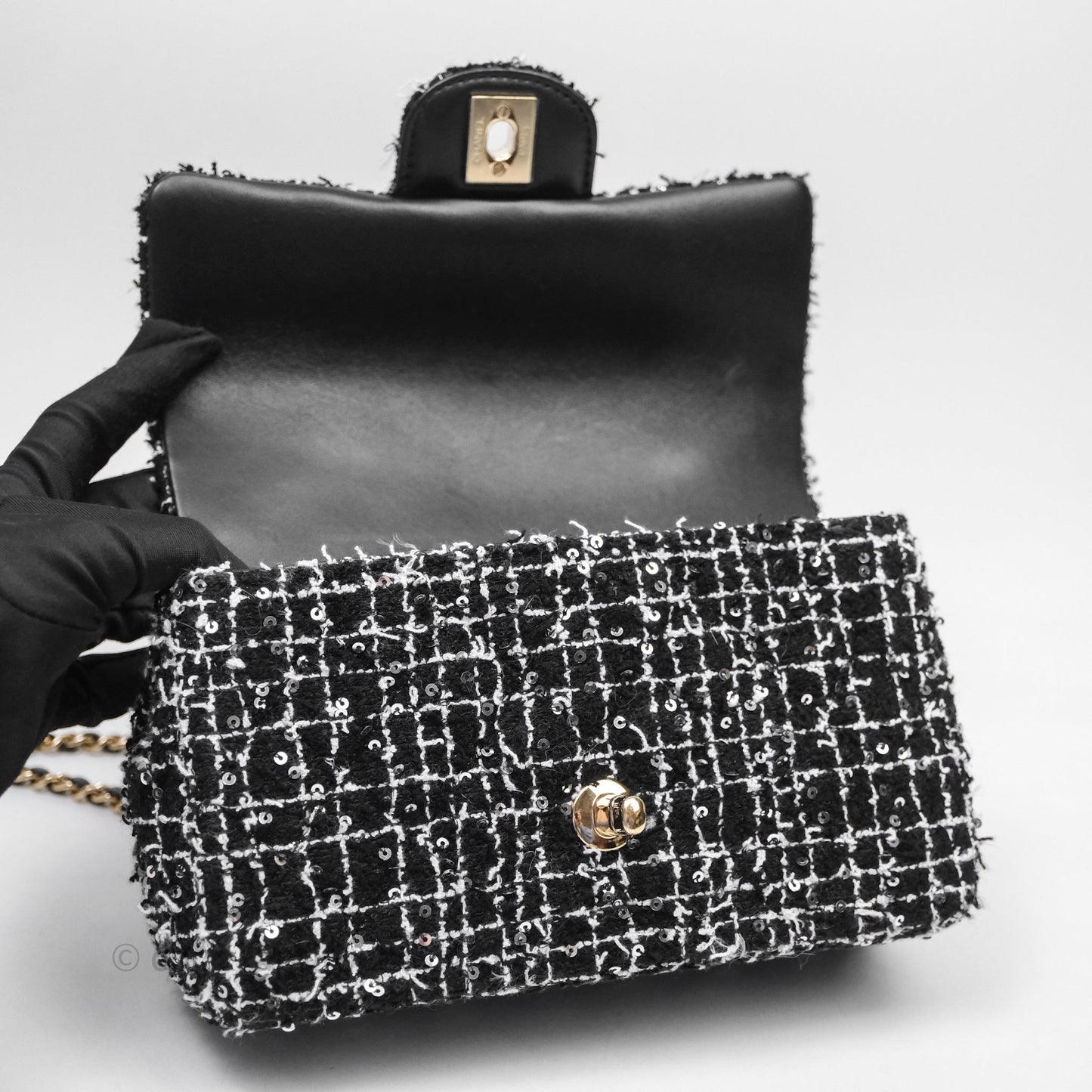 Chanel Top Handle Mini Rectangular Flap Black/ White Sequin Tweed Gold Hardware