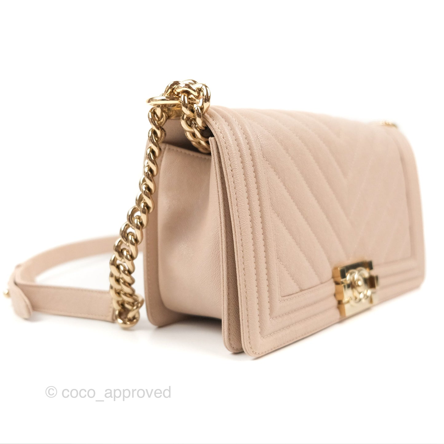 Chanel Chevron Medium Boy Nude Pink Caviar Gold Hardware