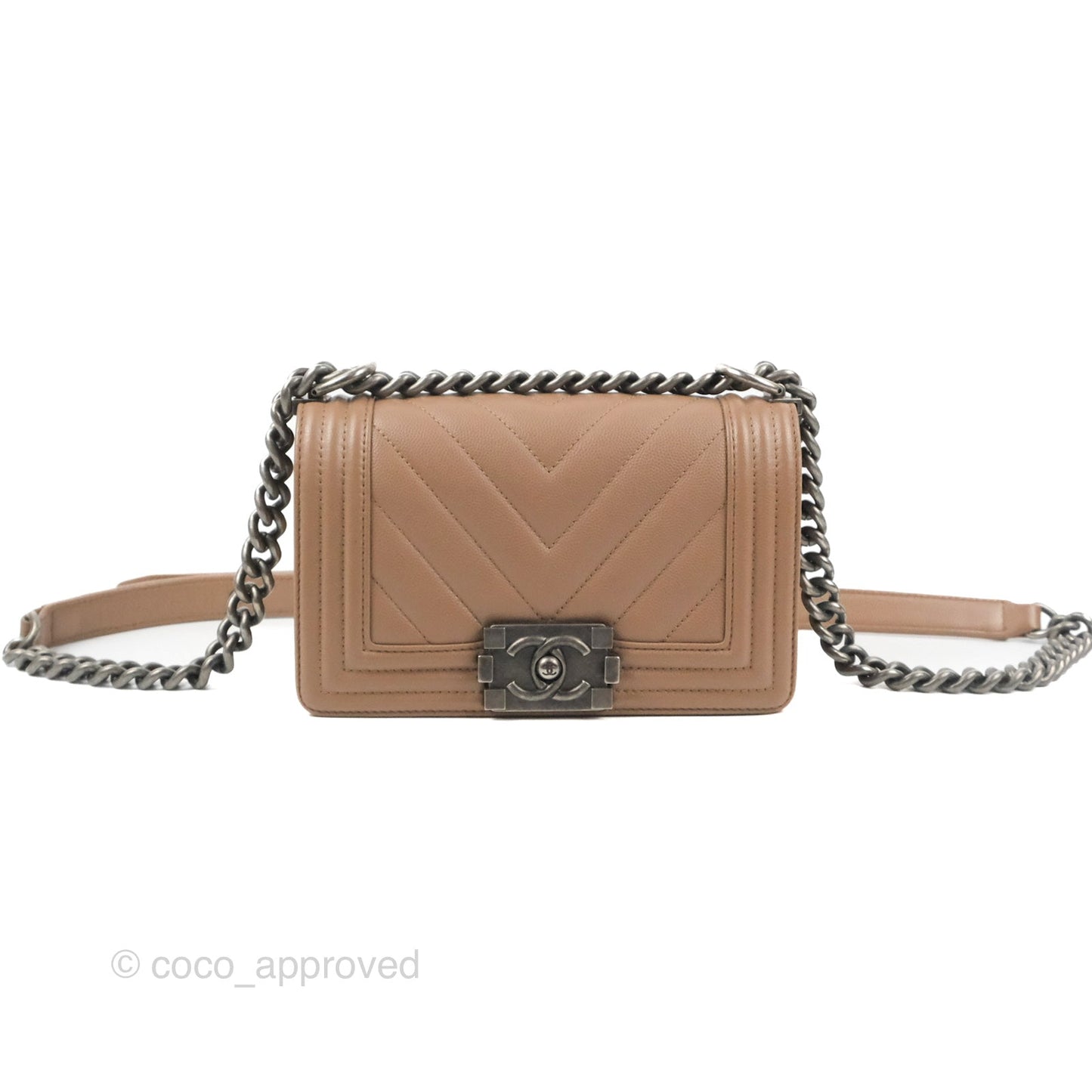 Chanel Small Chevron Boy Taupe Caviar Ruthenium Hardware