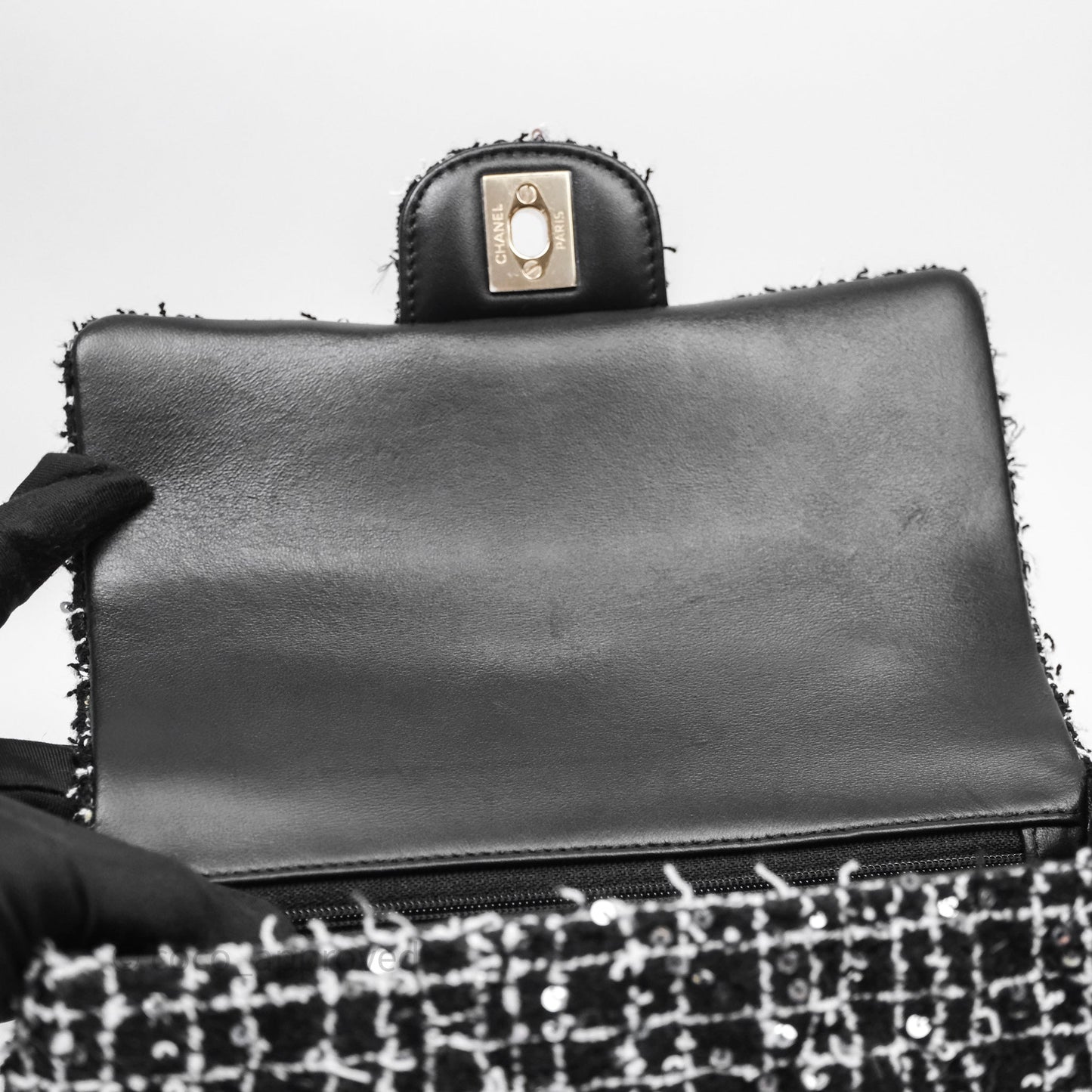 Chanel Top Handle Mini Rectangular Flap Black/ White Sequin Tweed Gold Hardware