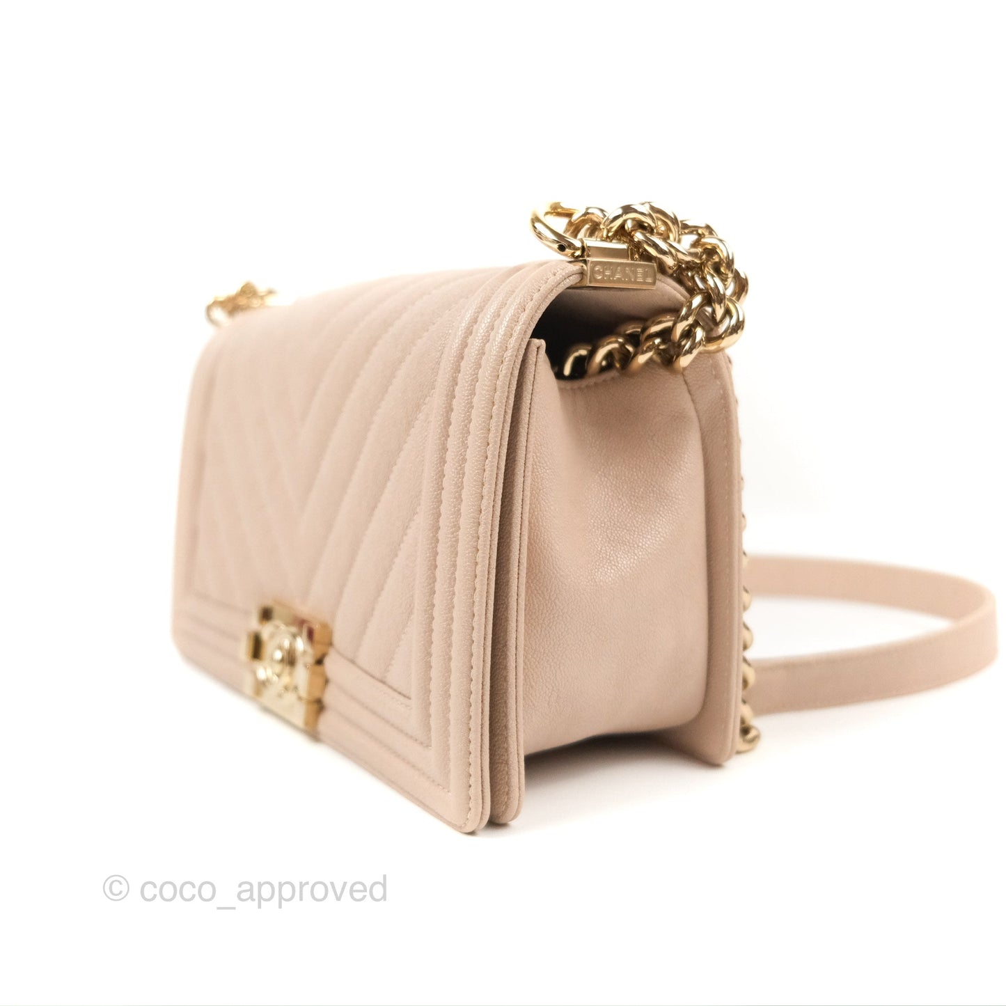 Chanel Chevron Medium Boy Nude Pink Caviar Gold Hardware
