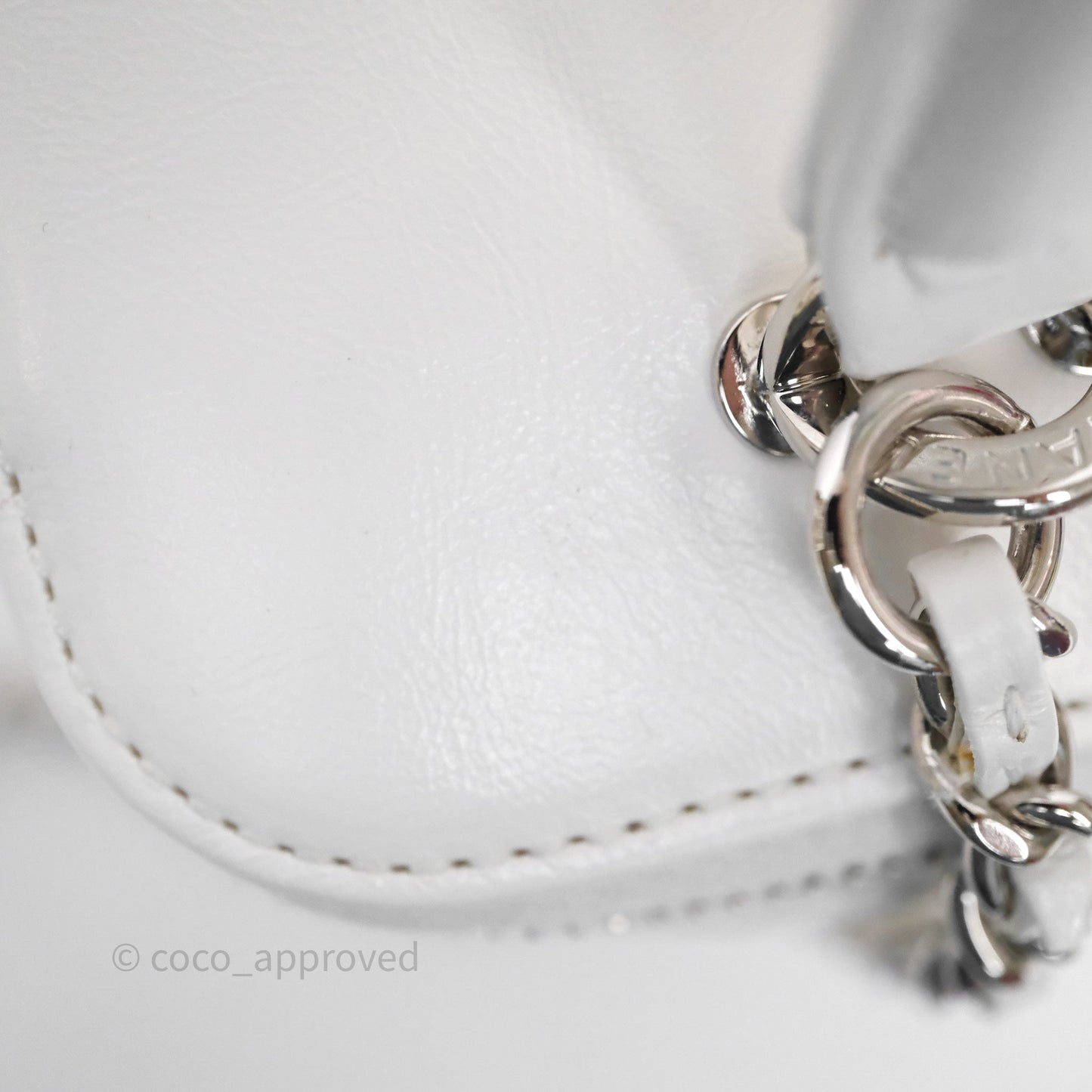 Chanel Small Top Handle Vanity Case White Beige Calfskin Raffia Silver Hardware