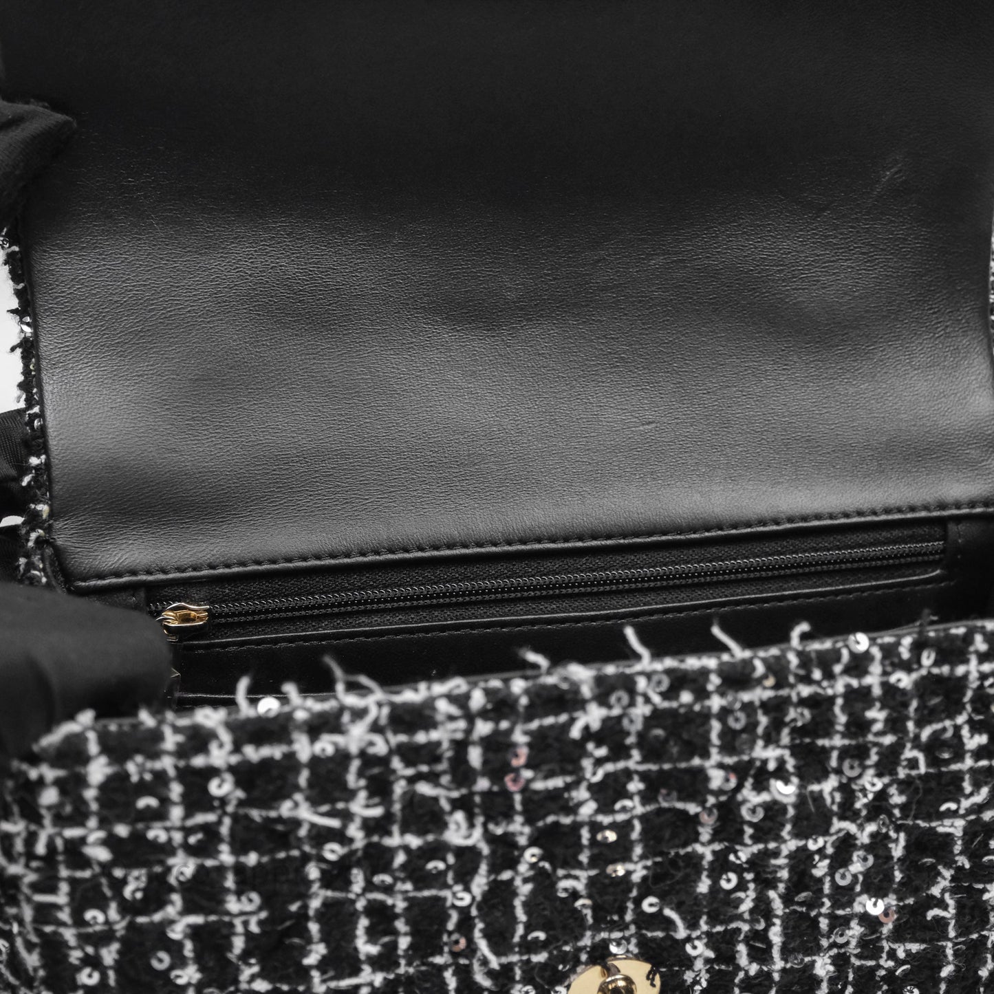 Chanel Top Handle Mini Rectangular Flap Black/ White Sequin Tweed Gold Hardware