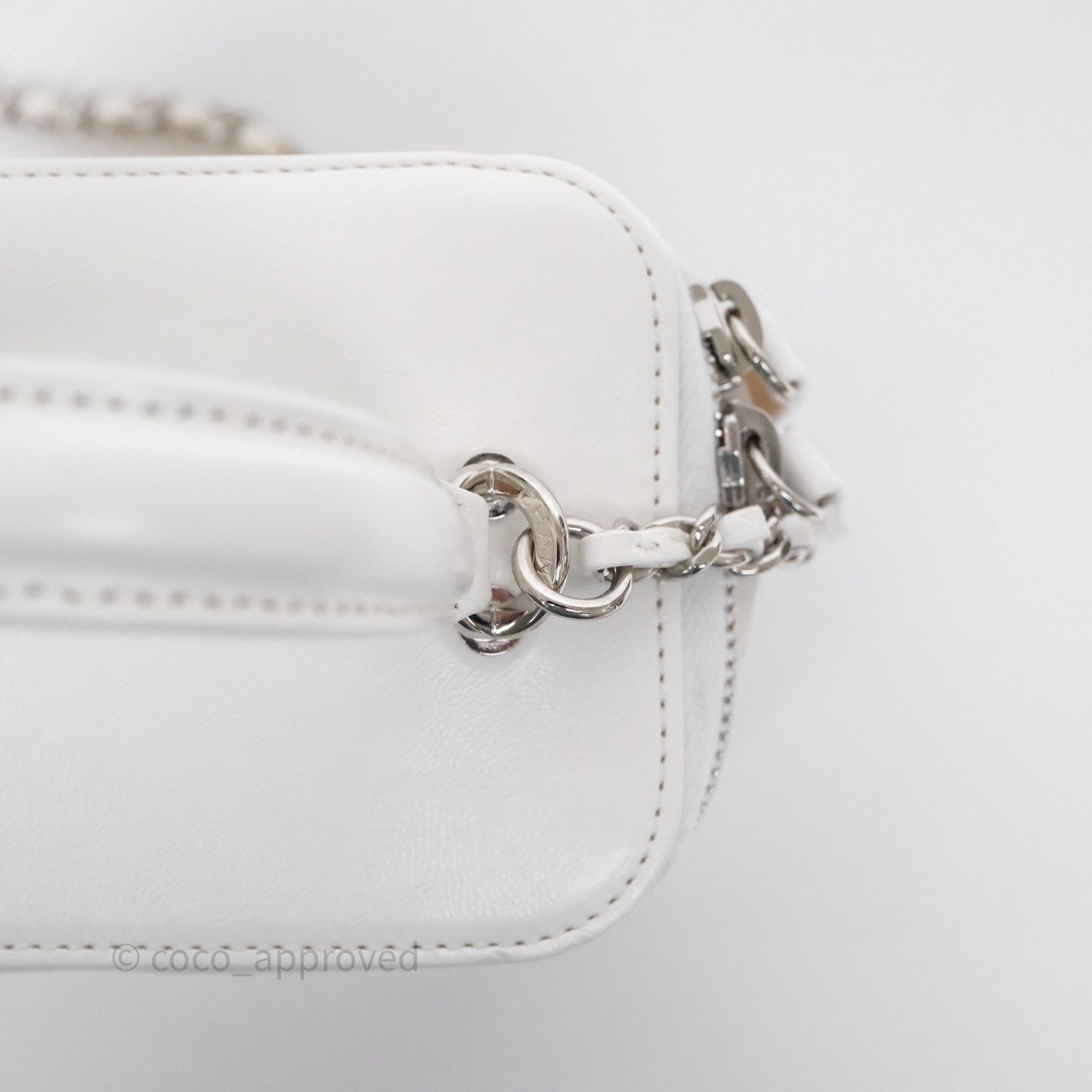 Chanel Small Top Handle Vanity Case White Beige Calfskin Raffia Silver Hardware