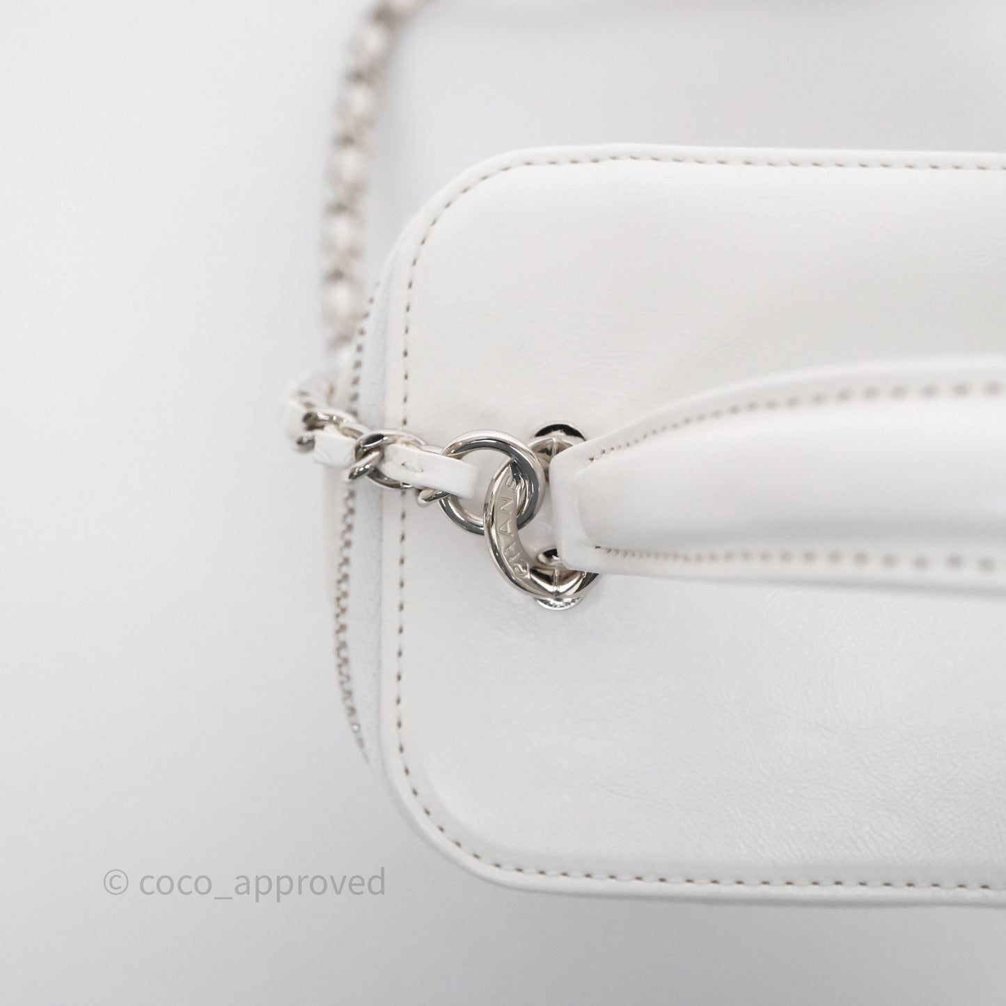 Chanel Small Top Handle Vanity Case White Beige Calfskin Raffia Silver Hardware