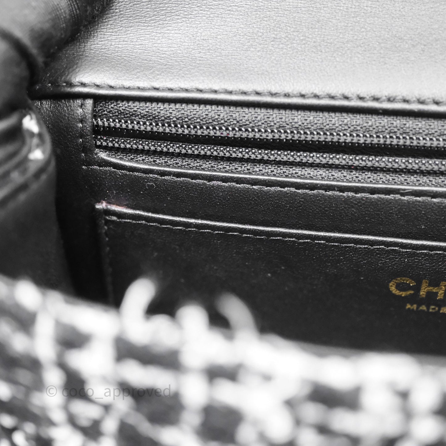 Chanel Top Handle Mini Rectangular Flap Black/ White Sequin Tweed Gold Hardware