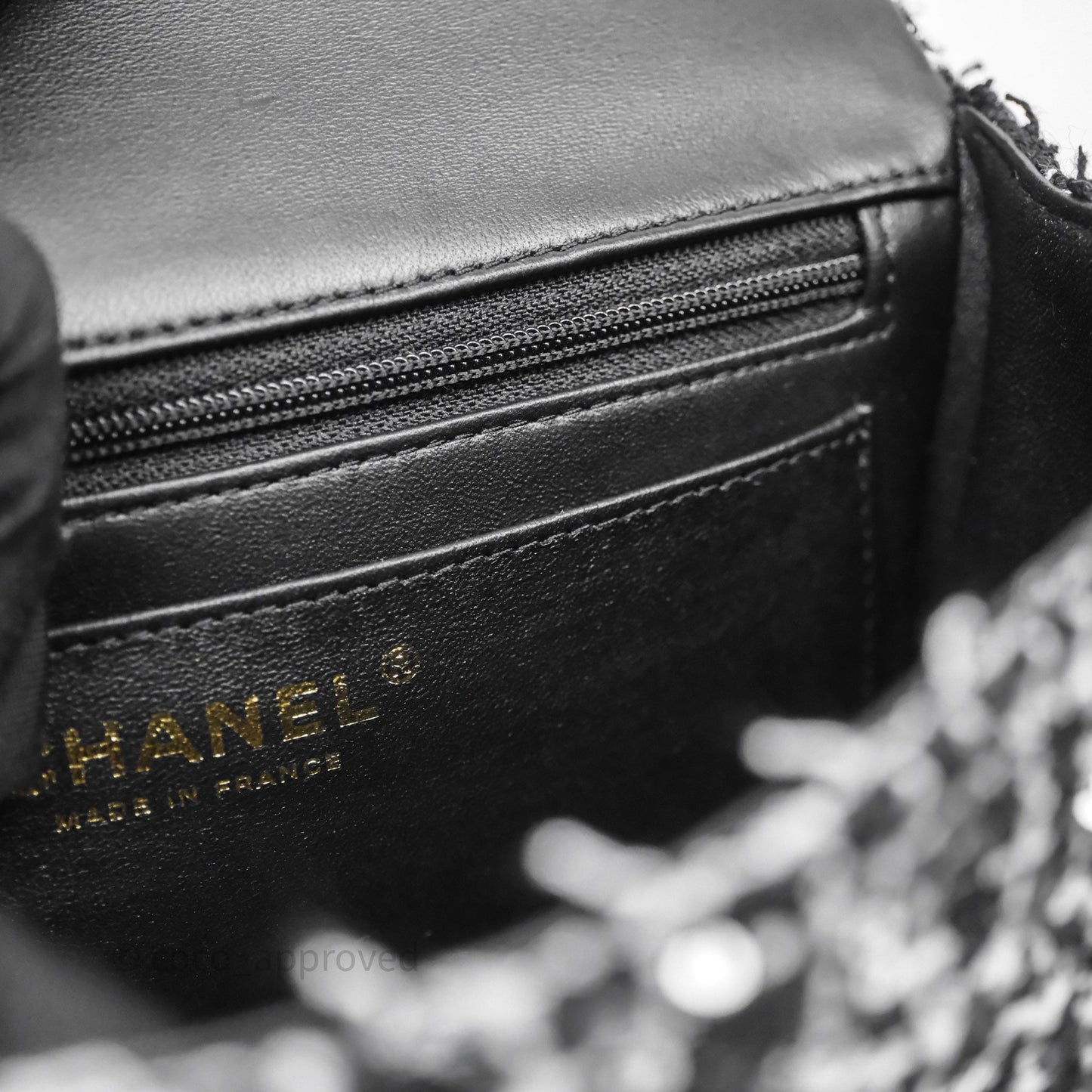 Chanel Top Handle Mini Rectangular Flap Black/ White Sequin Tweed Gold Hardware