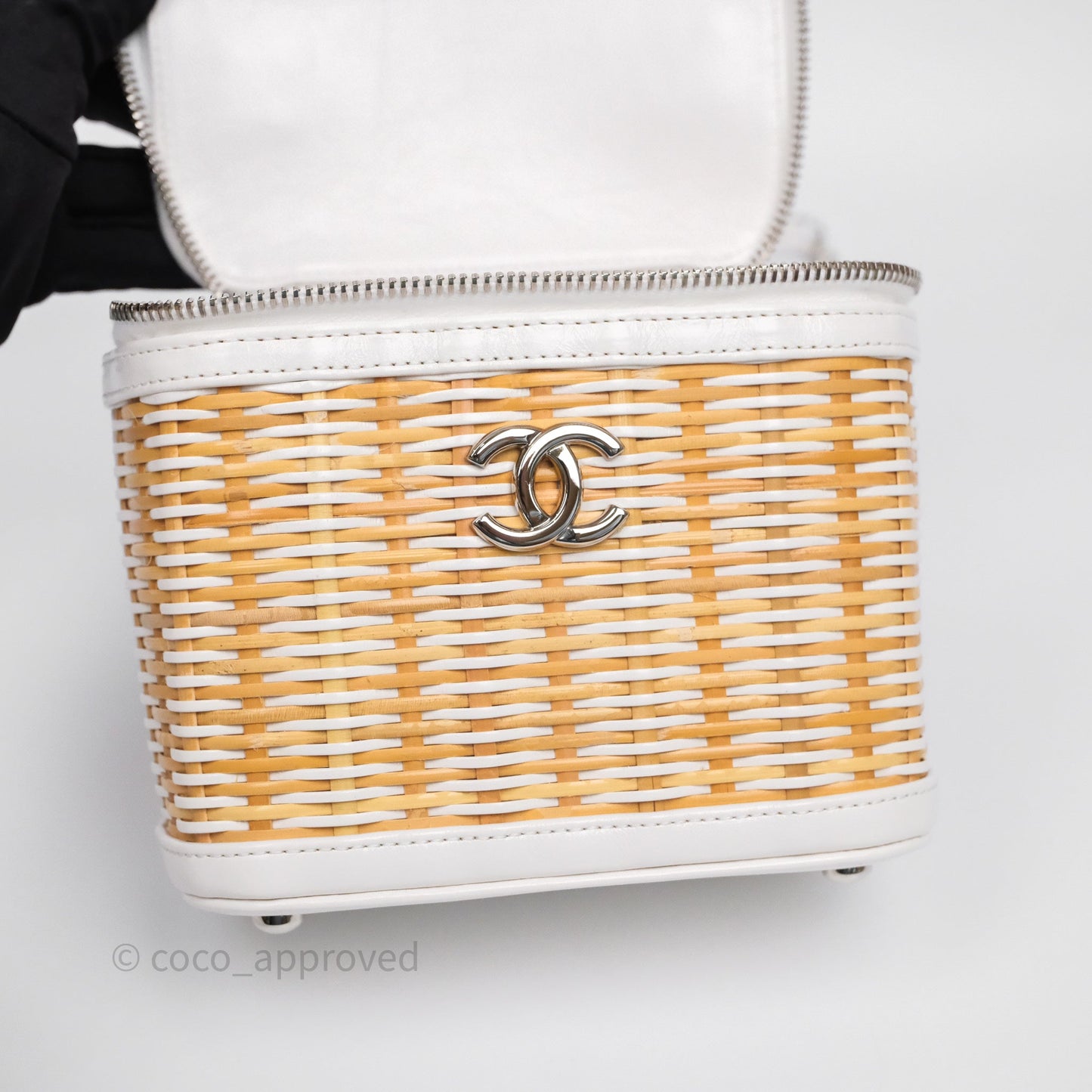 Chanel Small Top Handle Vanity Case White Beige Calfskin Raffia Silver Hardware