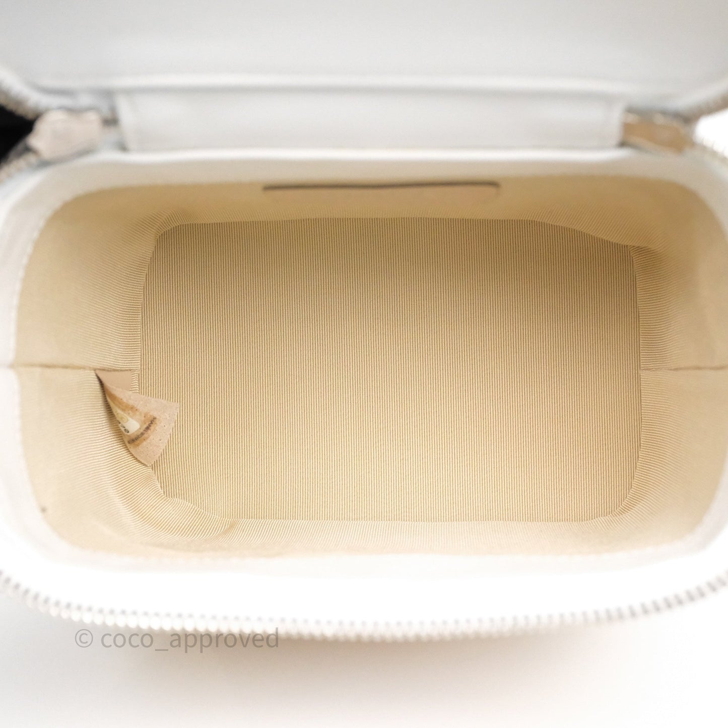 Chanel Small Top Handle Vanity Case White Beige Calfskin Raffia Silver Hardware