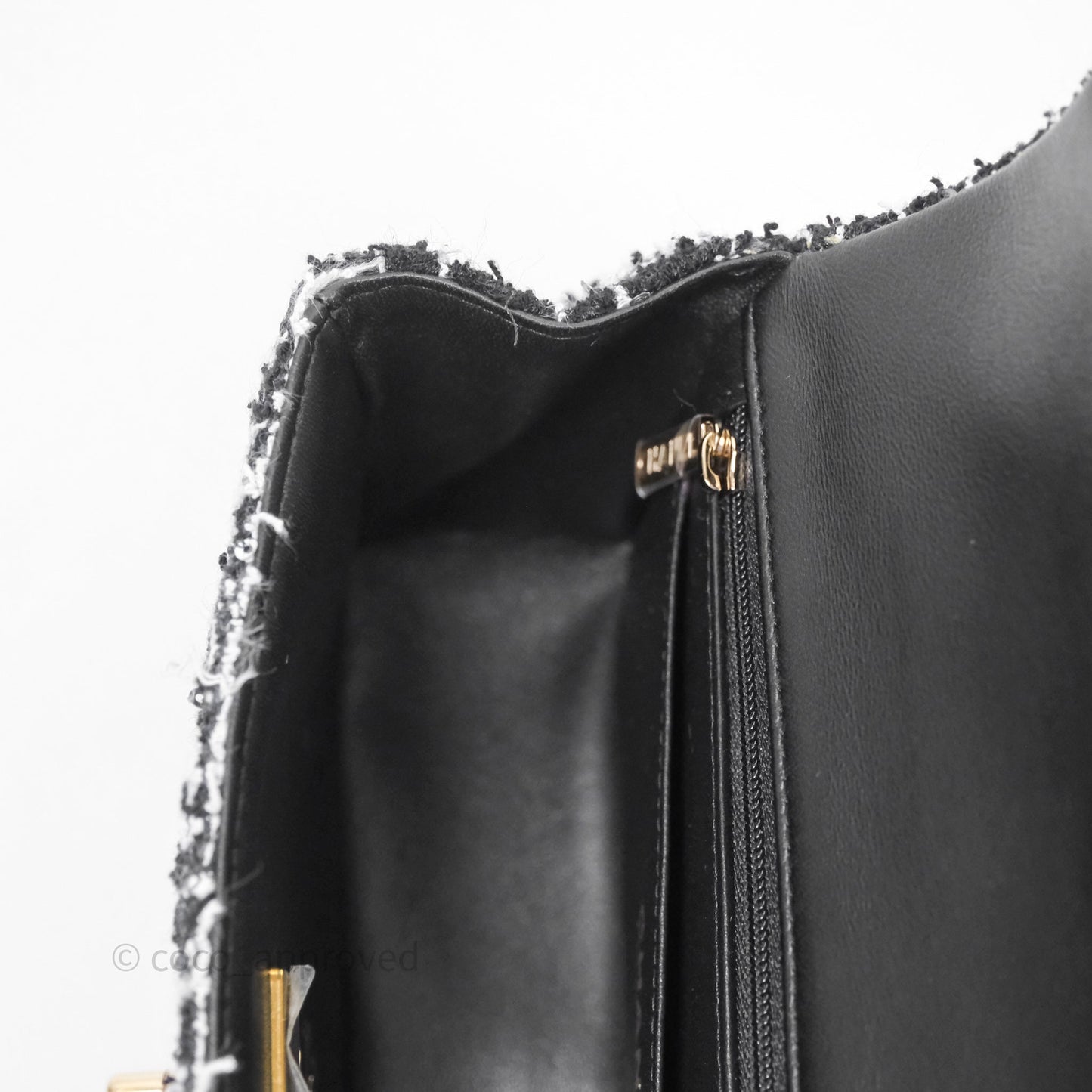 Chanel Top Handle Mini Rectangular Flap Black/ White Sequin Tweed Gold Hardware