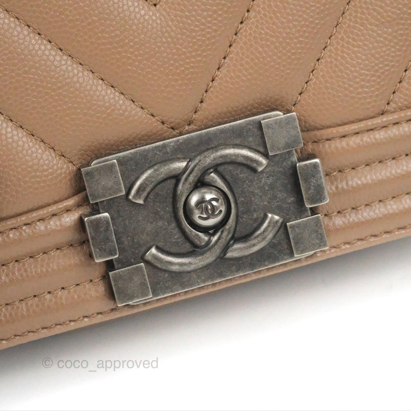 Chanel Small Chevron Boy Taupe Caviar Ruthenium Hardware
